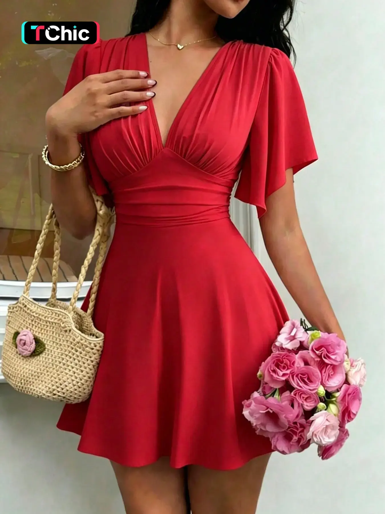 New Women's V-Neck Dress, Ruched Bust, Flounce Sleeves, Waist Cinch, Tall and Slimming, Chic Elegant Style, Lady's Dress