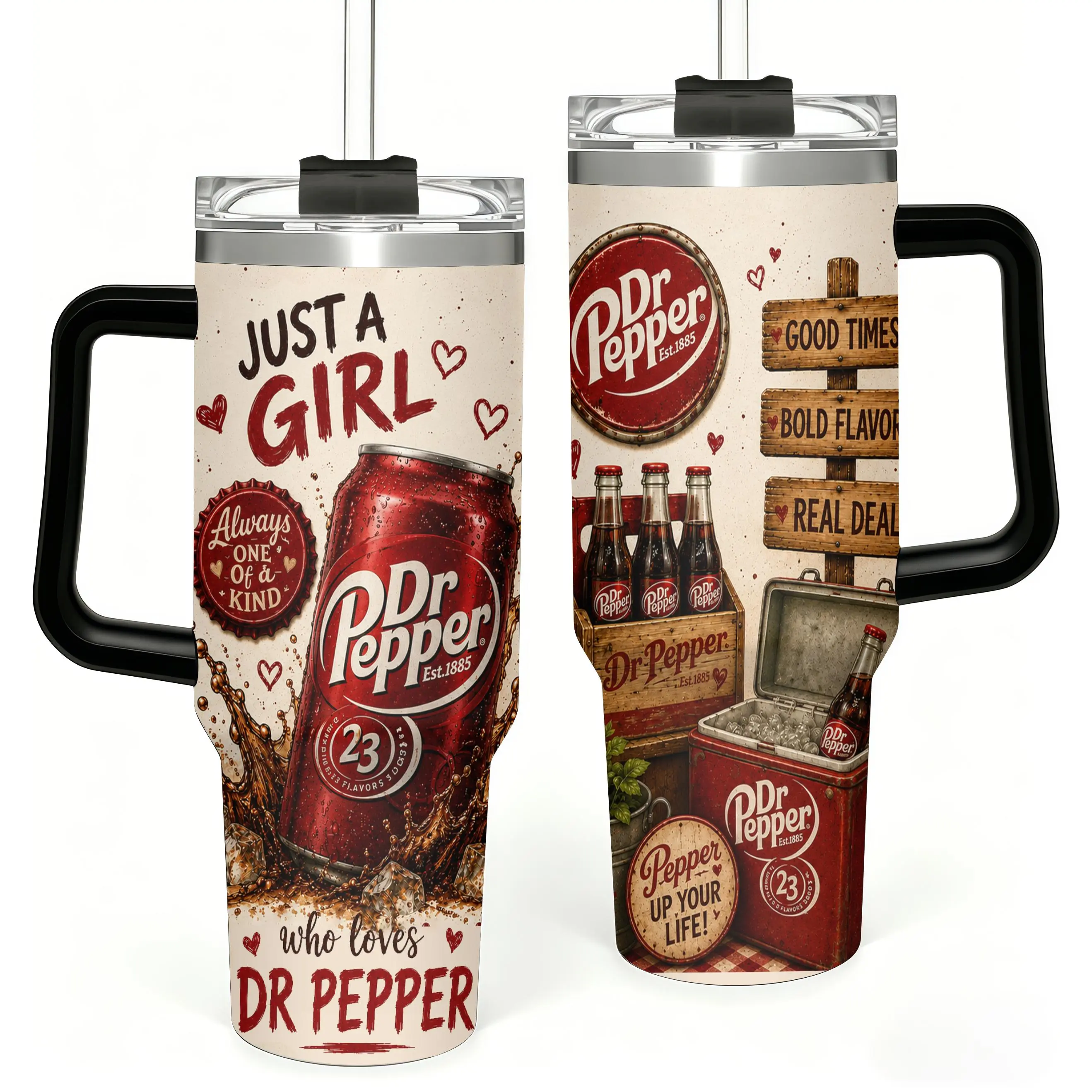 Just A Girl Who Loves Dr Pepper Tumbler, Retro Design Cup, Vintage Red Pop Drink Travel Mug, Gift for Lovers, Birthday Gift for Girlfriend, 40oz Stainless Steel Tumbler with Handle, Halloween Christmas Cup