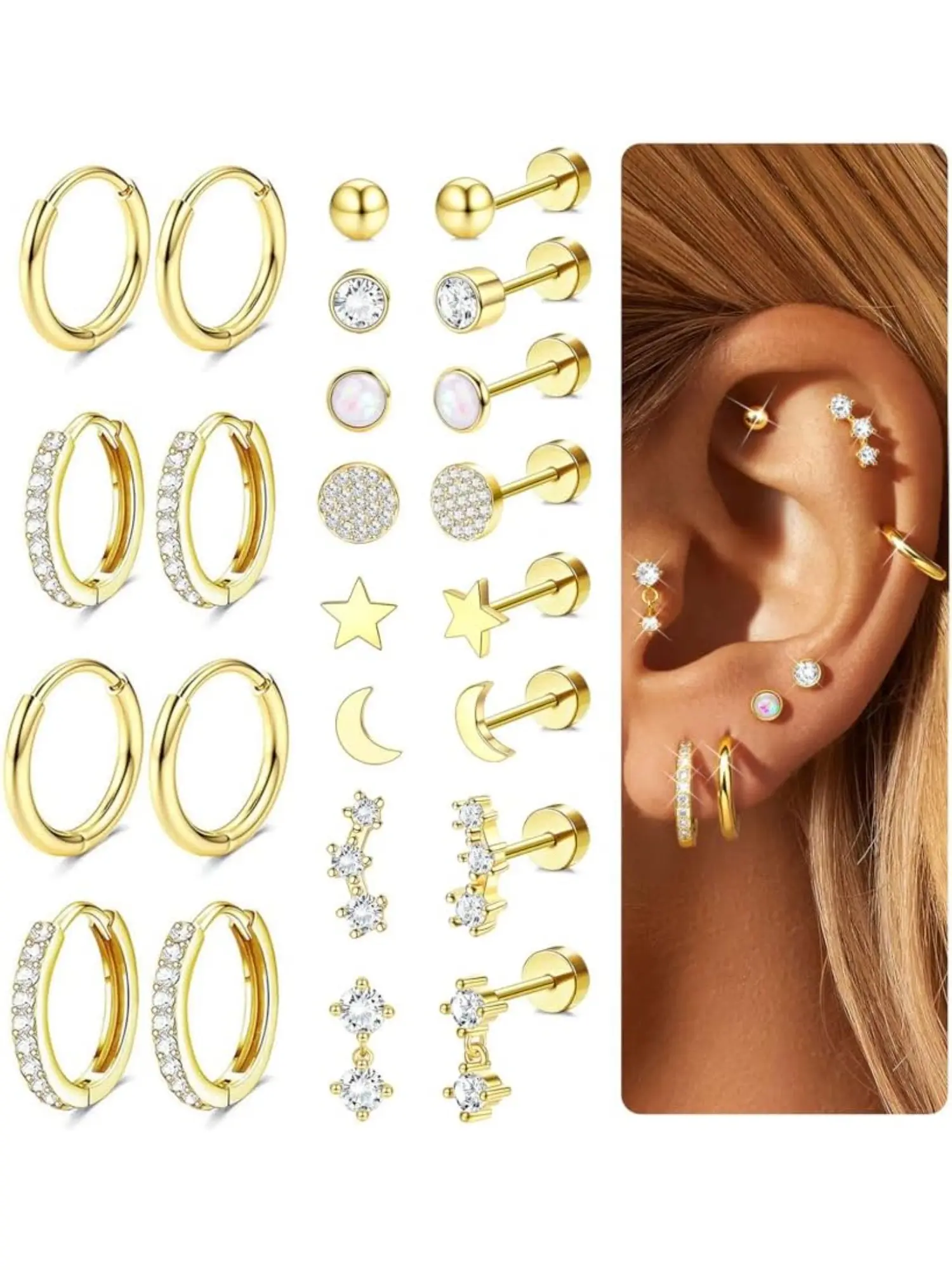 12 Pairs Hypoallergenic Flat Back Earrings for Women Golden Silvery 316L Surgical Steel Small Stud Hoops Earring Stack Set Cartilage Tragus Helix Daith Conch Piercing Jewellery