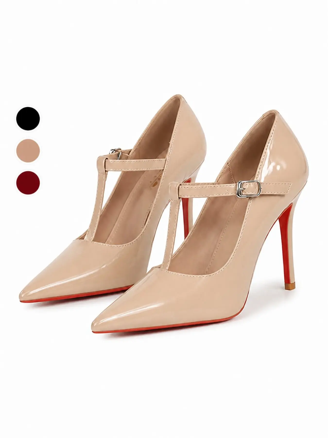 Women's Patent Leather T-Strap Pointed Toe Stiletto Heels with Red Sole, Mary Jane Pump with T-Bar Buckle — Elegant High Heels for Work & Date Night