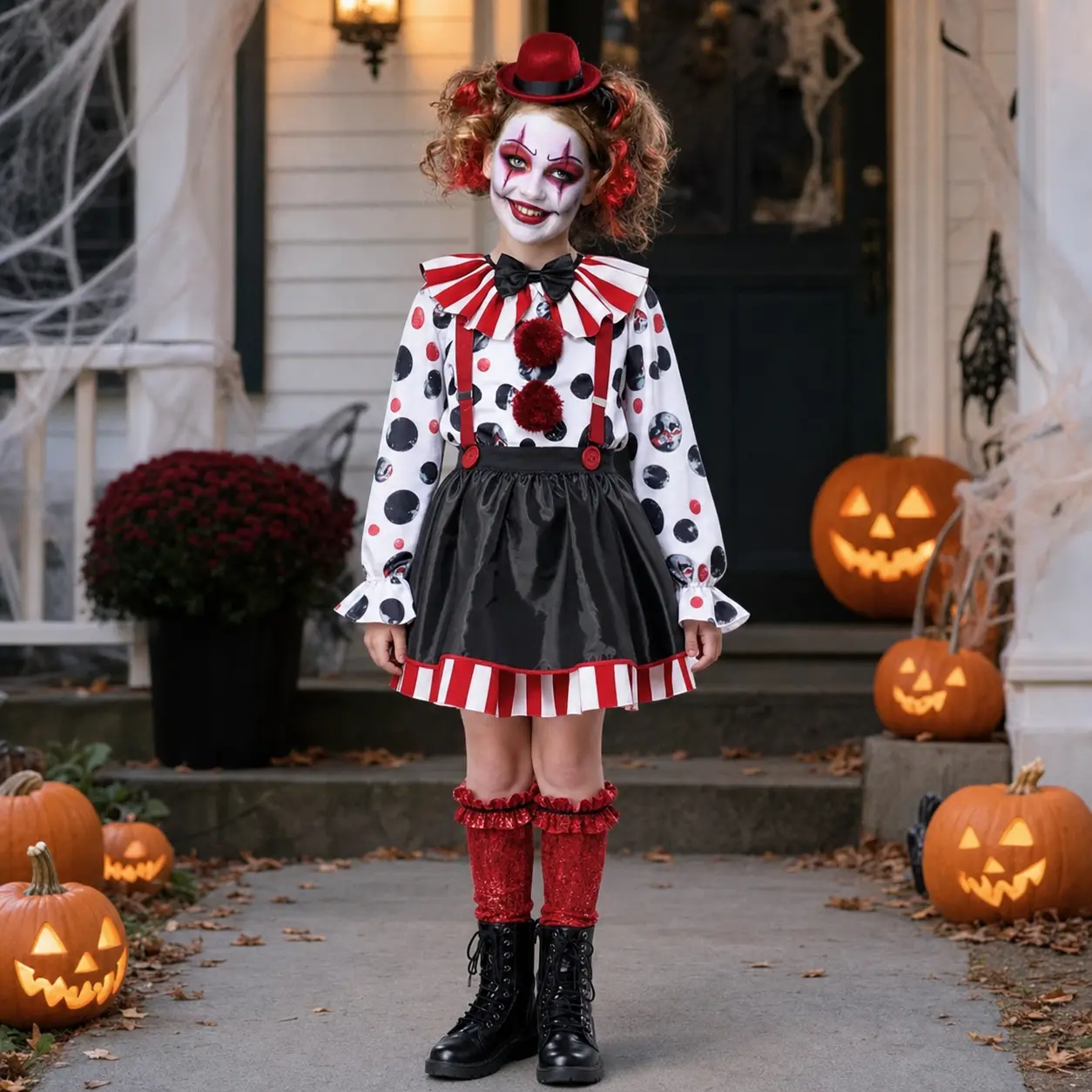 Girls' Halloween Scary Clown Costume Set - Suspender Skirt, Polka Dot Top, Hat and Role-Play Accessories
