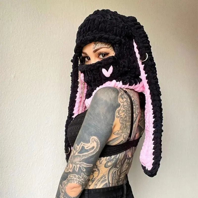 Hand Knit Long Bunny Ear Devil Horn Balaclava Hat, Thick Fuzzy Full‑Face Crochet Mask Hat, Y2K Goth Sweet Cool Streetwear Winter Costume Headwear