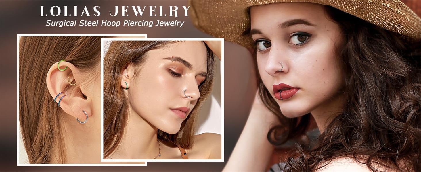 LOLIAS Surgical Steel Nose Rings Hoop Nose Clicker Ring Septum Jewelry 16G 18G Nose Hoop Lip Rings Nose Helix Cartilage Rook Earrings Nostril Piercing Jewelry Hypoallergenic