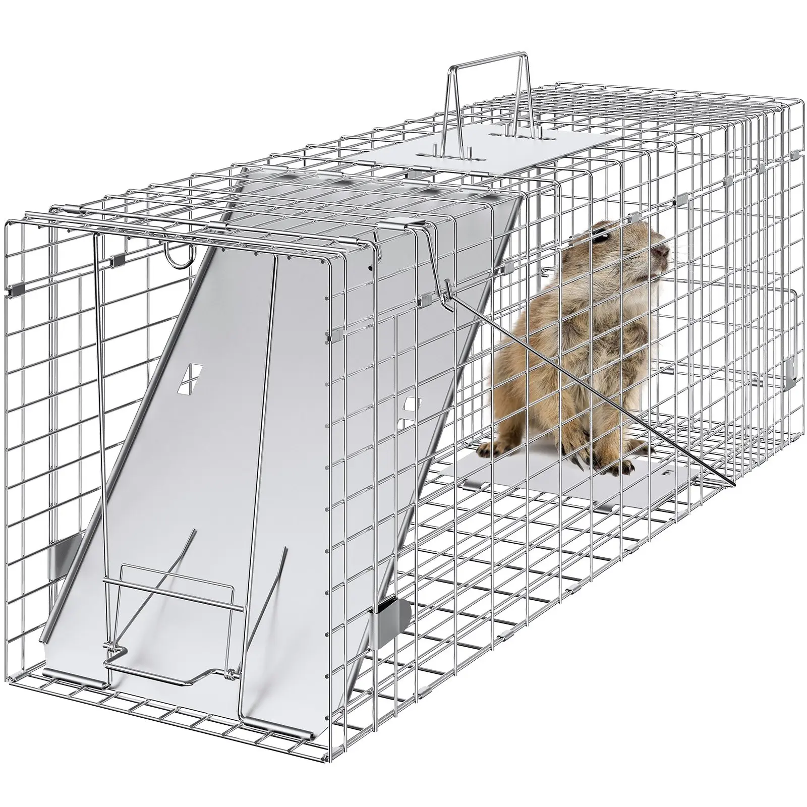 【DealsForYouDays】VEVOR Live Animal Cage Trap, 31" x 10"x 12" Humane Cat Trap Galvanized Iron, Folding Animal Trap with Handle for Rabbits, Stray Cats, Squirrels, Raccoons, Groundhogs and Opossums
