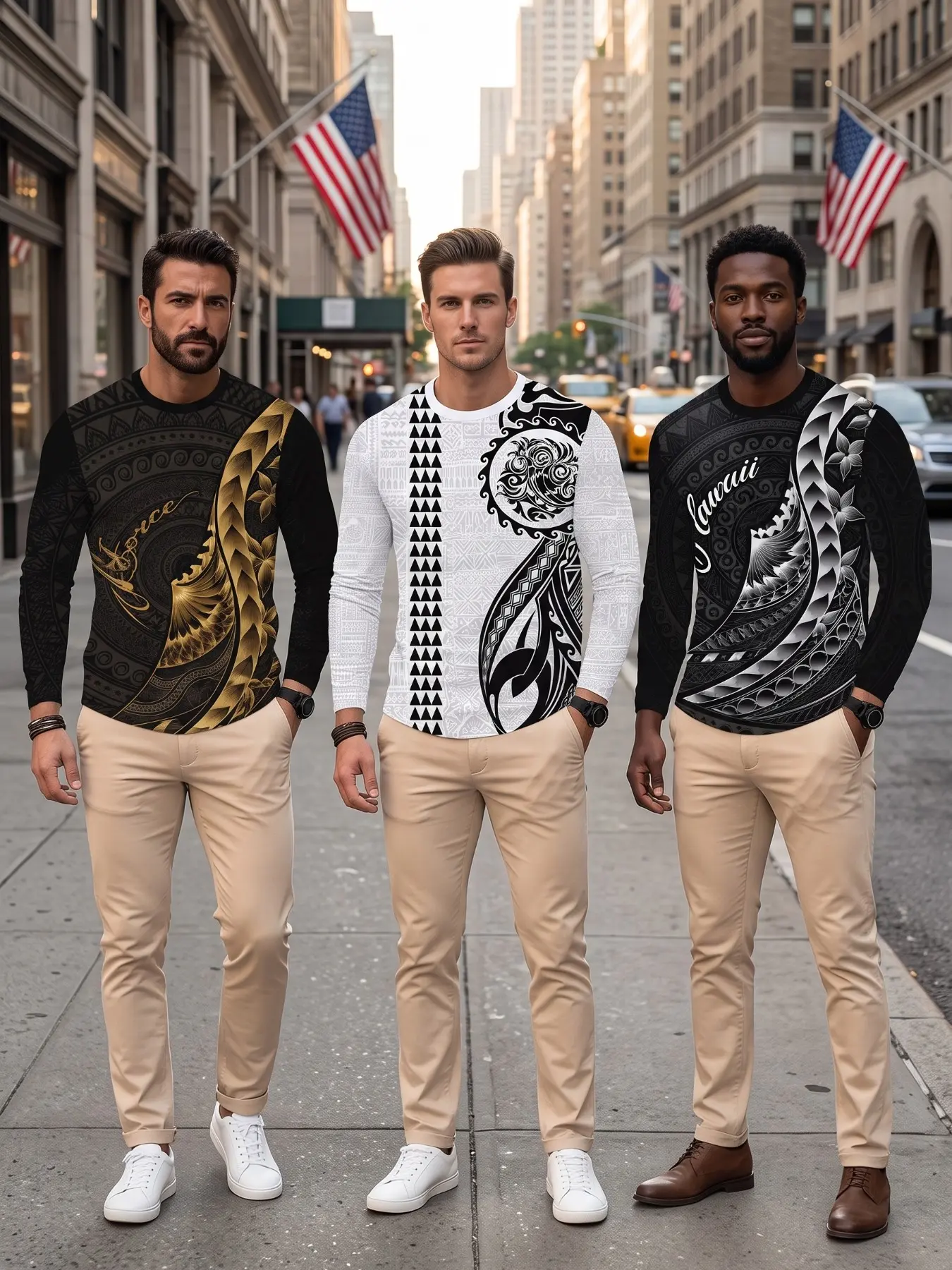 3-Pack Men's Cultural Polynesian Tribal Spiral Totem Long Sleeve T-Shirts, Gold Feather & Triangle God Print, Round Neck Casual Top