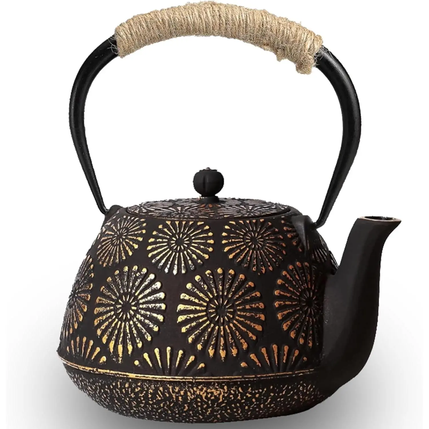 40oz (1200ml) Japanese Tetsubin Cast Iron Tea Kettle with Spout, Enamel Coat, Detachable Stainless Infuser, Heat-Resistant Handle, Stovetop-Safe Traditional Iron Pot for Tea Ceremony (Black Gold)