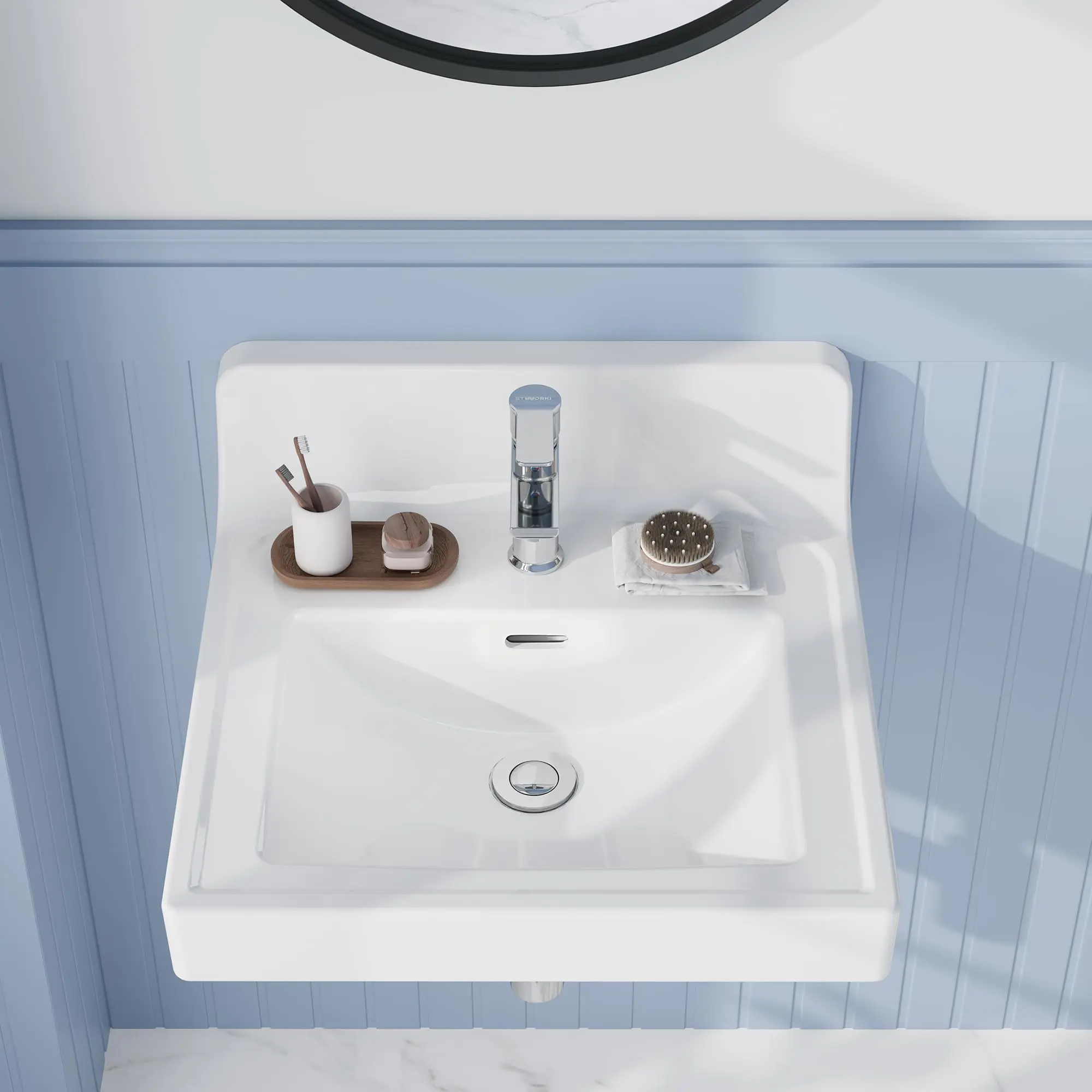 Garvee Vessel Sink 20" x 18.98", Ceramic Semi-Recessed Bathroom Sink, Square White Above Counter Vanity Basin with Single Hole & Backsplash