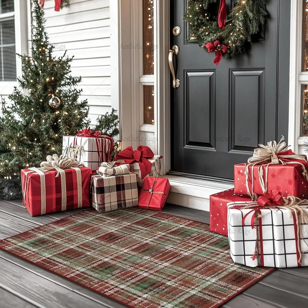 Christmas Vintage Red Fine Plaid Rug Scottish Check Rectangular Rug Entryway Indoor Rug Festive Christmas Decor Rug Warm Home Area Rug