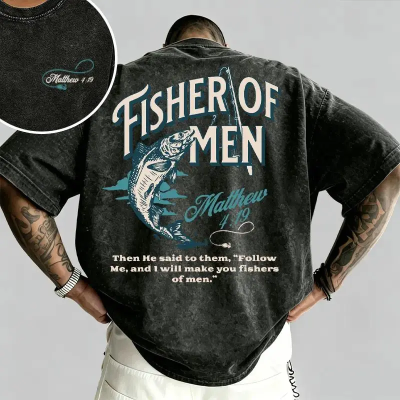 Fisher of Men Matthew 4:19 Washed Double Print Fish Bible Verse Graphic Tee Men'S Relaxed Oversized Short-Sleeve Tee 100% Cotton Breathable Crew Neck Casual Streetwear Faith Fishing Tee
