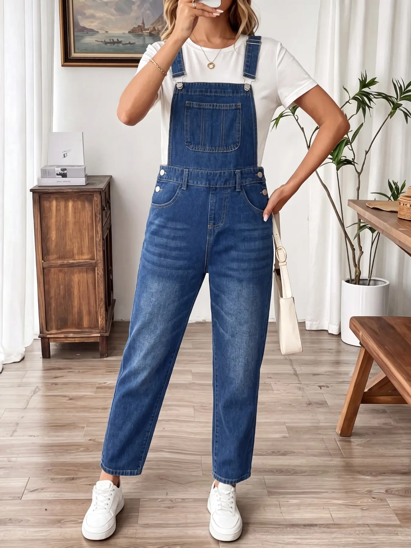 Four-Season Unstretched Harem Strap Pants Overalls, Classic Solid Dark, Adjustable Straps, Metal Waist Buckle, Thick Durable Denim, Elegant Earthy Style