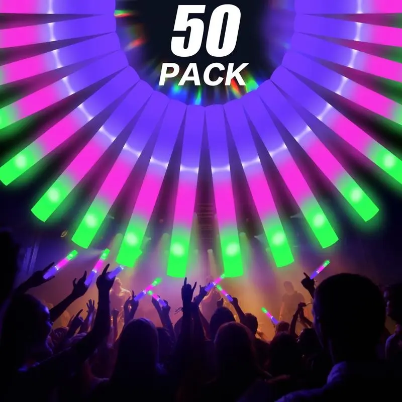 50-Pack LED Glow Sticks, Multi-Color with 3 Dynamic Modes, Battery-Powered Party Supplies, Perfect for Festivals, Weddings, Christmas Gifts
