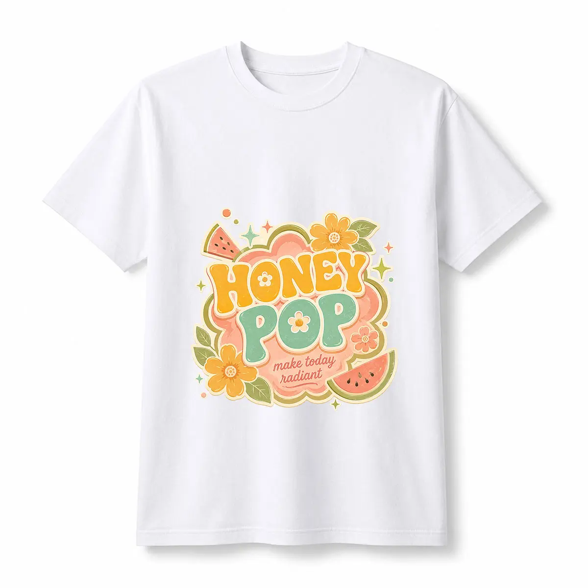 Women's Honey Pop Graphic Tshirt, Casual Cotton Streetwear Top with Short Sleeve Radiant Fruit and Floral Print, Shortsleeve, Printed, Soft, Cute, Everyday, Retro, Tee, Watermelon, Graphic Print, T-Shirt