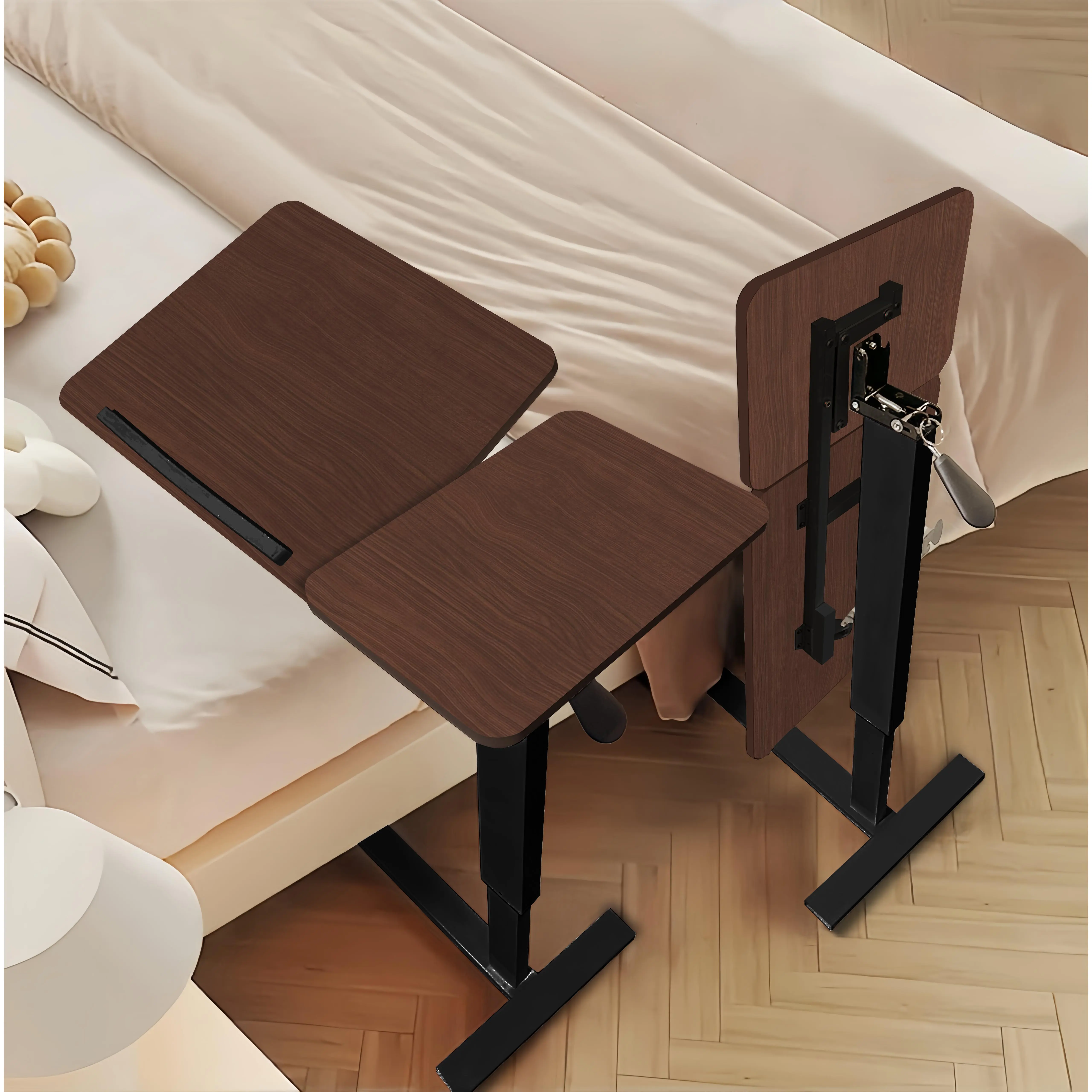 ARCH Height-Adjust Overbed Table with Wheels, Mobile Rolling Laptop Stand with Rectangular Tilting Tray, Walnut Finish Portable Desk for Bed/Sofa Side Use in Bedroom/Living Room
