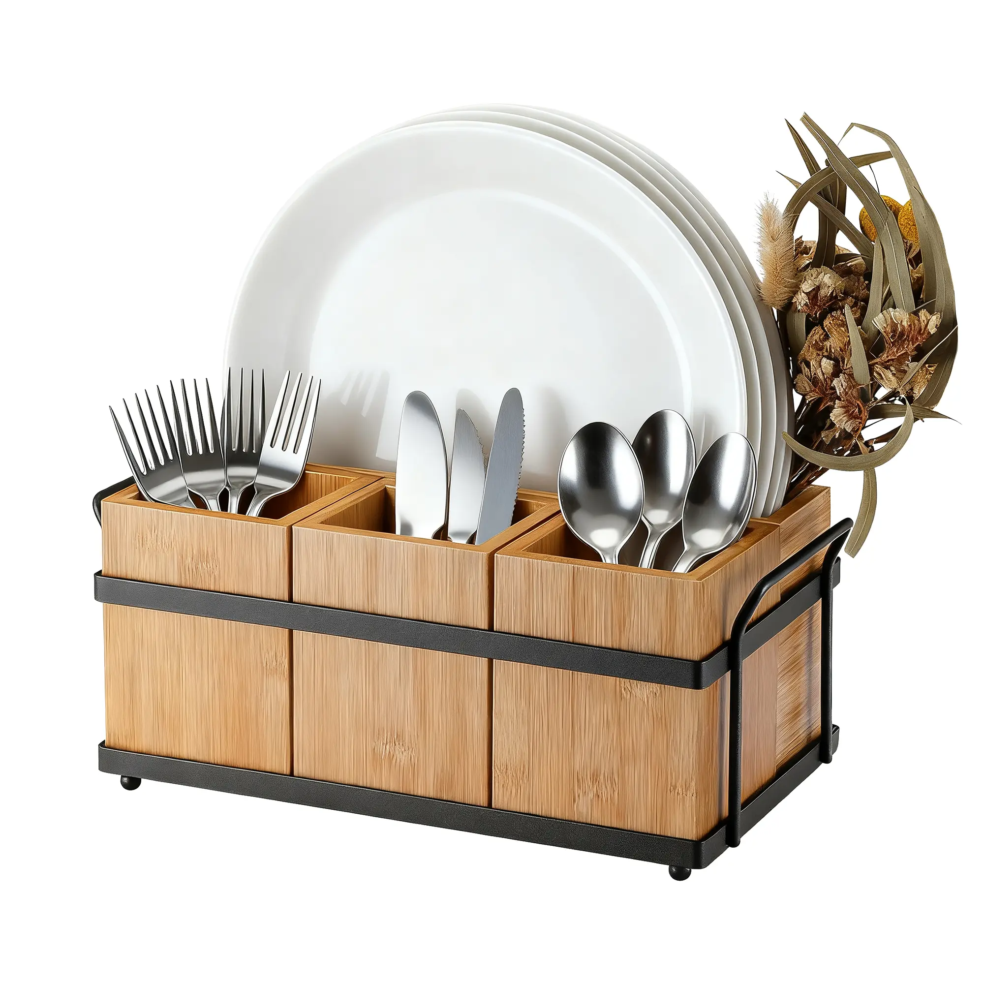 Gaomon Sturdy 4-in-1 Wooden Utensil Caddy with Metal Iron Frame, Detachable Silverware Organizer for Kitchen Knives & Handles, Portable Cutlery Holder with Napkin Plate Storage, Rustic Farmhouse Decor