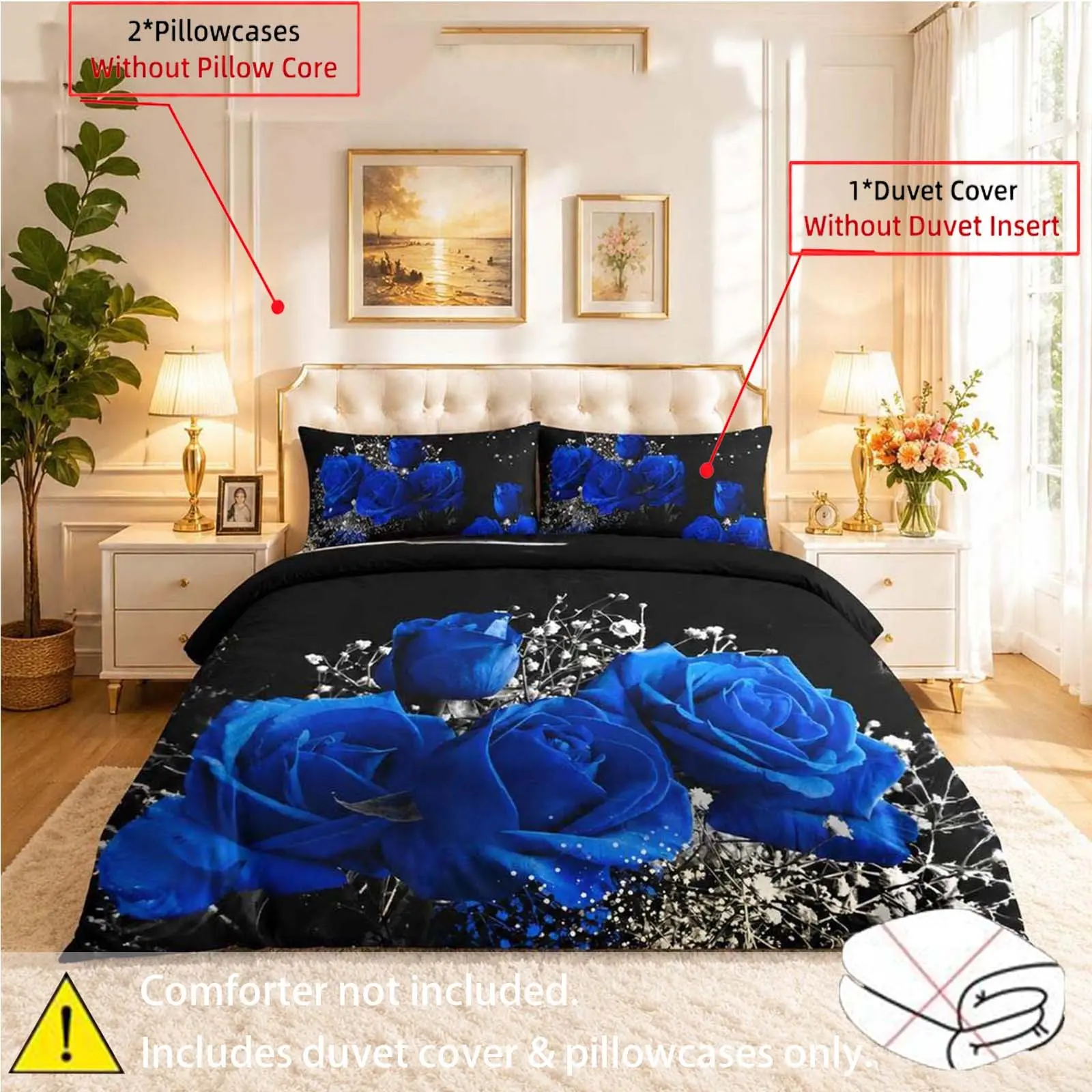 3-piece set of black background blue rose digital printed bedding made of polyester material, including 1 duvet cover and 2 pillowcases (unfilled), is the preferred bedding for bedrooms, dormitories, and famous guests Floral Bedding Set Duvet Cover Sets