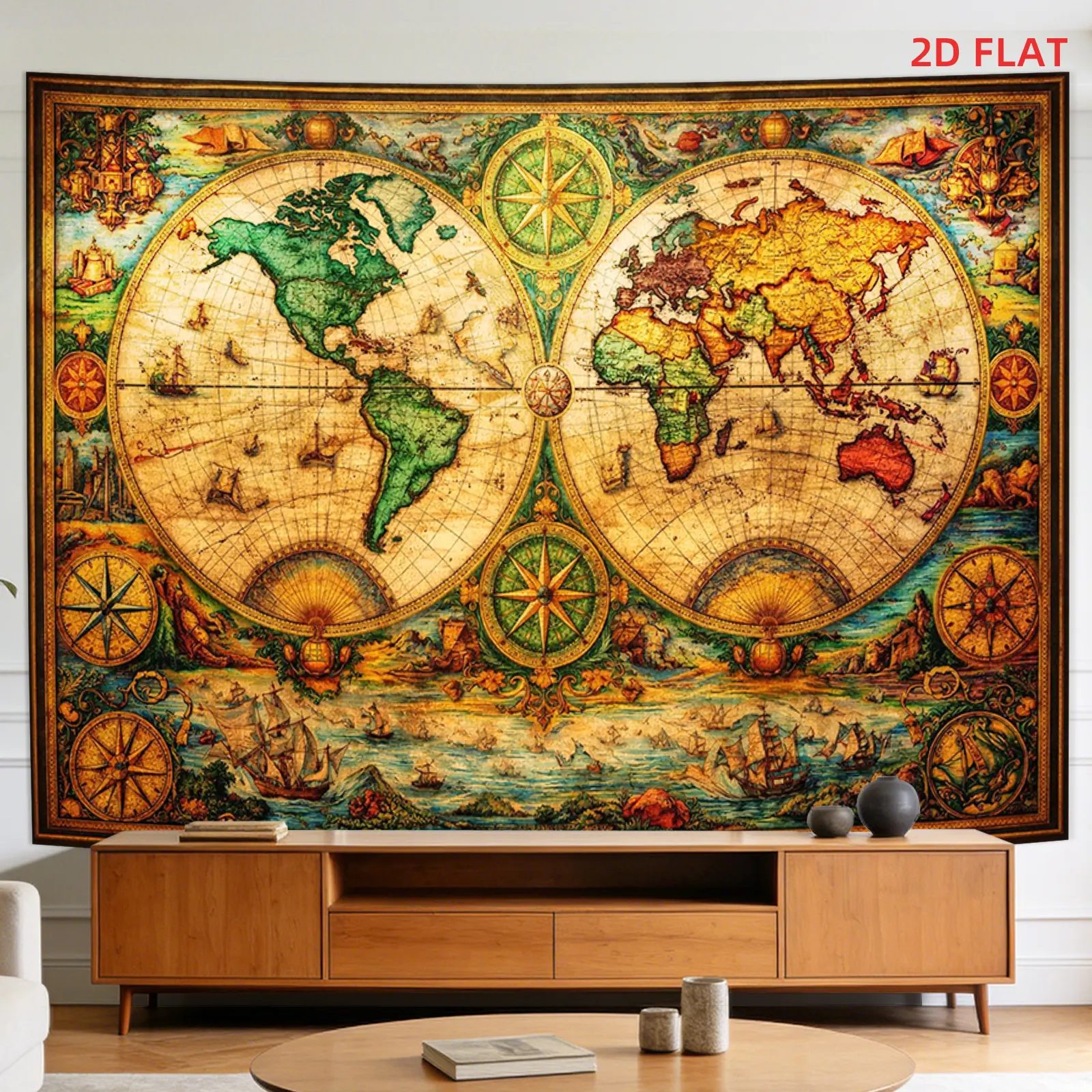 2D Flat, [2D Plane Printing] 1 Large Size/small Size Pattern Printed Tapestry- World Map, Ancient, Navigation, Compass, Exploration, Room Wall Decoration, Non-luminous, Suitable for, Living Room, Meditation, Office, Party Decoration