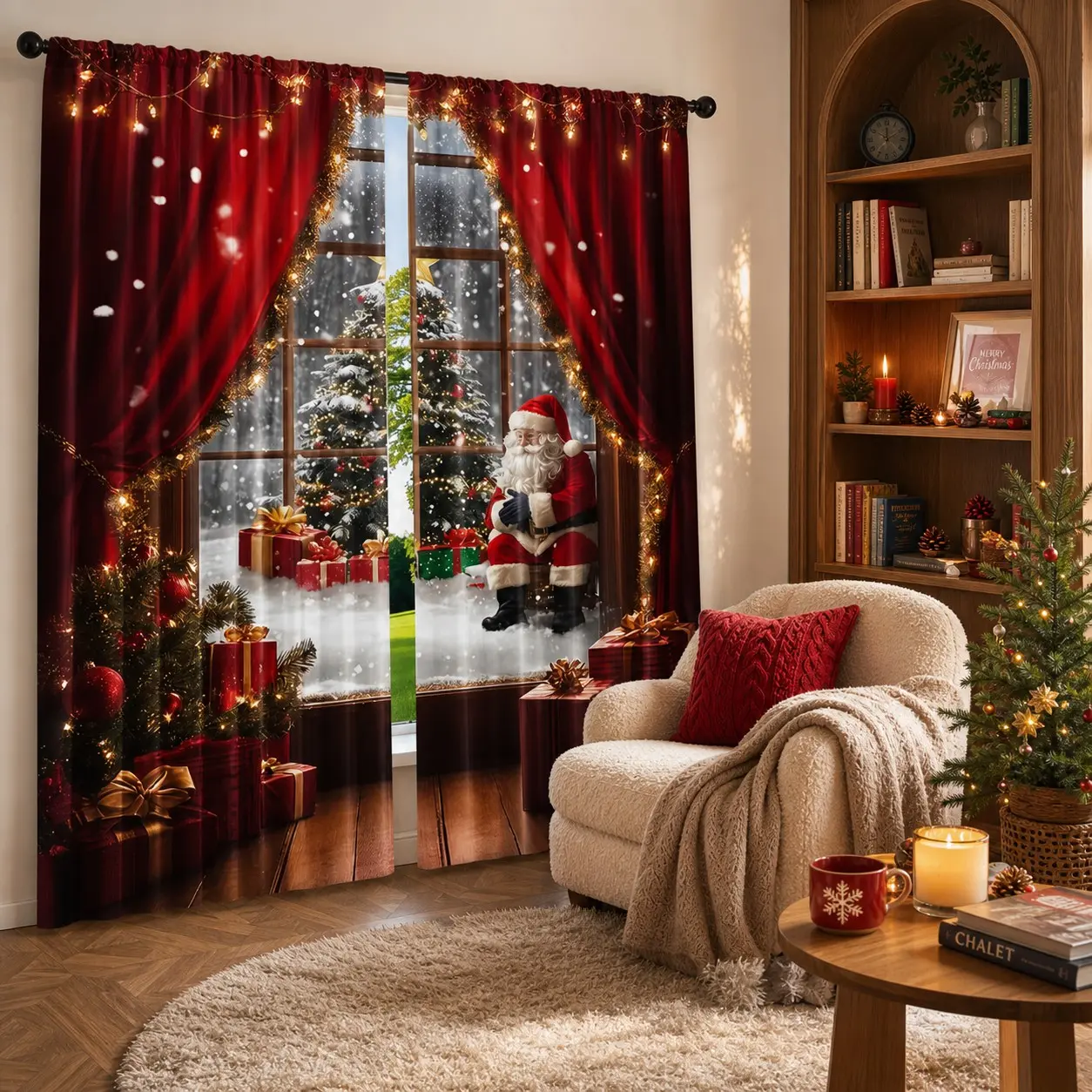 2-Pack Santa Claus Theme Curtains, Winter Snow Scene, Christmas Tree, Gift Box Design, Rod-Pass Through Style, Vintage, Holiday Home Decor