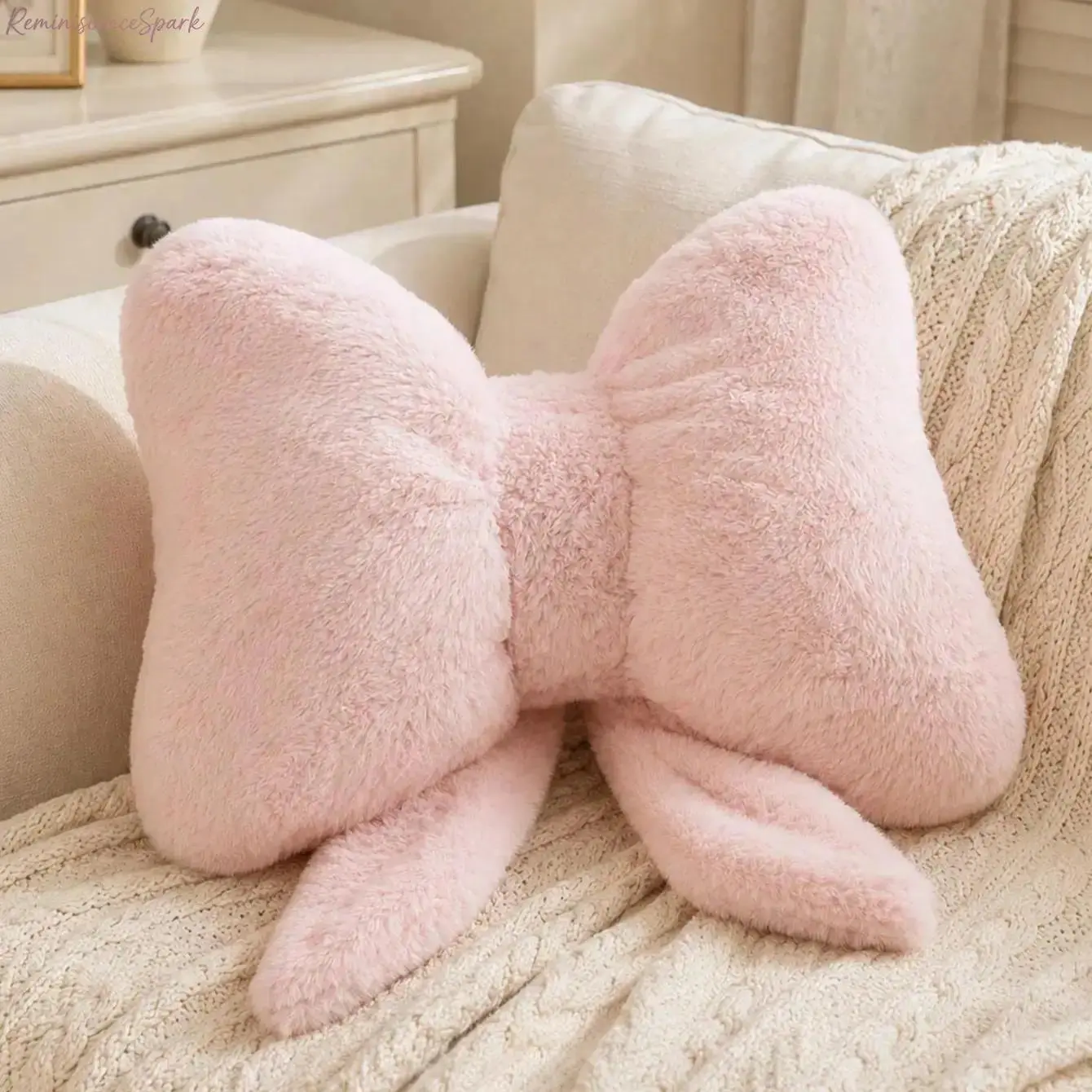 3D Ribbon Bow Faux Fur Throw Pillow, Coquette Aesthetic Fluffy Plush Lumbar Cushion, Cute Decorative Pillow for Indoor Home Styling, Ideal Valentine and Birthday Gift for Girls