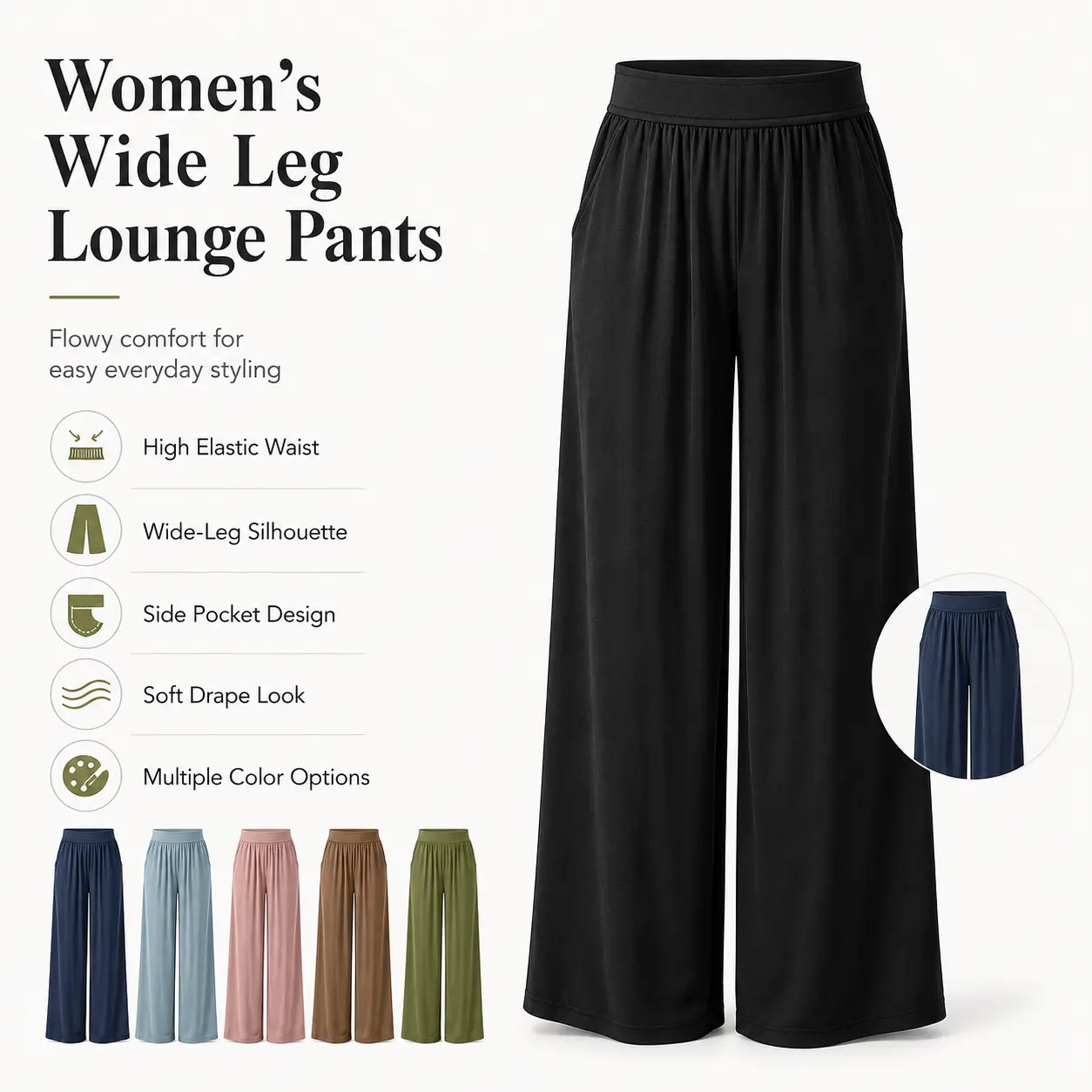 Lady's High-Waist Pleated Palazzo Pants with Soft Drape, Casual Loose Flow, Elastic Waist, and Side Pockets, Casual Wear, Flowy Pants Outfit, Multi-Size, All Seasons, Full Length, Flowy Loose Fit, Pleated Wide Leg Palazzo, Seasonless Pants