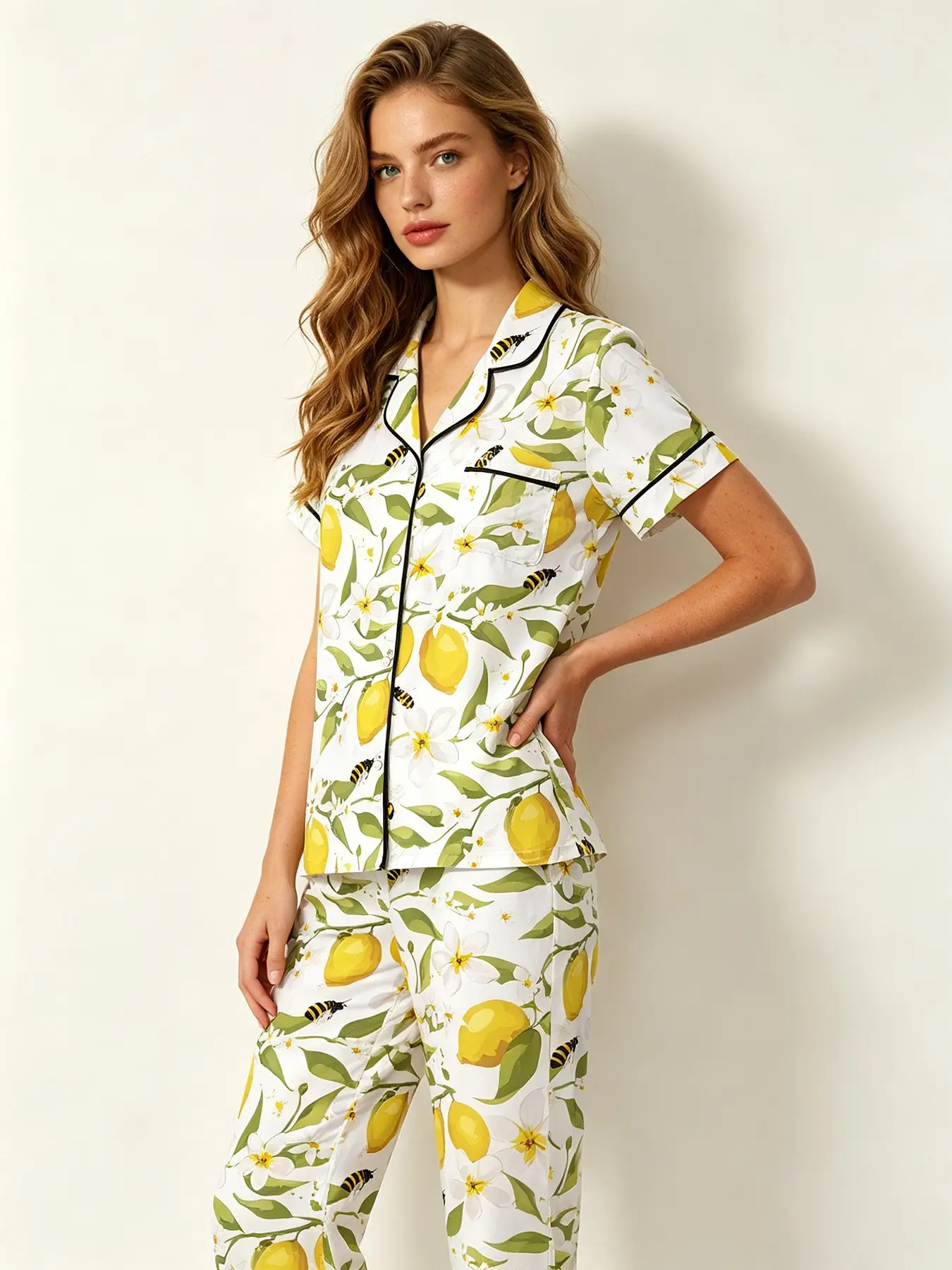 Women Button‑Down Short Sleeve Top & Long Trousers Sleepwear Set, Wearable All Seasons. Citrus floral bee print pajamas, casual functional loungewear for work‑from‑home and leisure hours