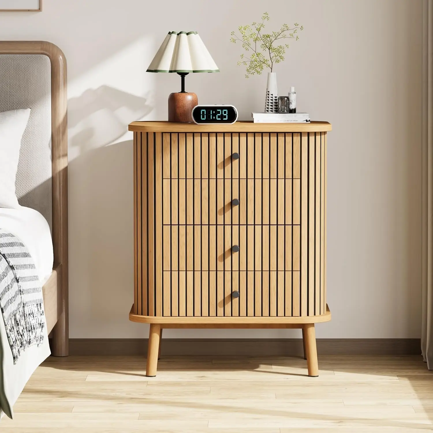 Natural Oak Finish Boho Modern 2-Piece 4-Drawer MDF Dresser Set - Wicker Drawer Storage Chest with Curved Design, Wood Legs, Matte Black Handles, Water Resistant, Easy Assembly, Multi-Room Cabinet