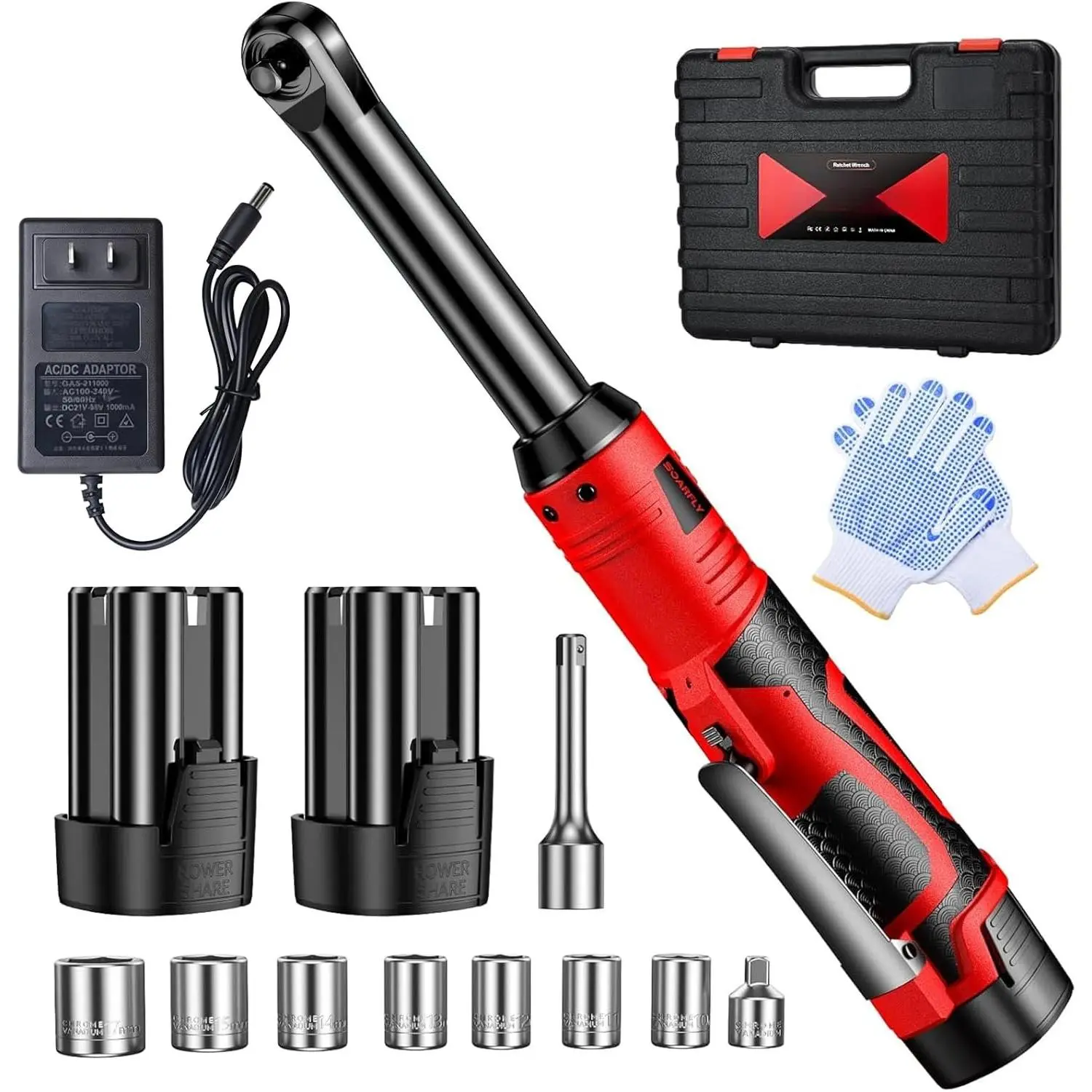 3/8" Cordless Ratchet Wrench Set, Extended Electric Ratchet Wrench, 40 Ft-lbs (55 N.m), 450 RPM, 16.8V Wrench Ratchet Set with 2*2000mAh Lithium , Variable Speed, 7 Sockets, LED Light