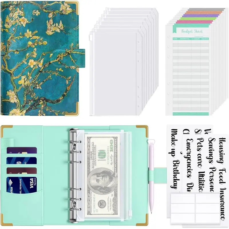 Blue Floral A6 PU Leather Budget Binder for Women, Cute Floral Money Saving Wallet with Waterproof Zipper Cash Envelopes, Complete Envelope Budget System Organizer, Portable Cash & Monthly Bill Tracker, Trendy Financial Planner for Expense Logging & Savin