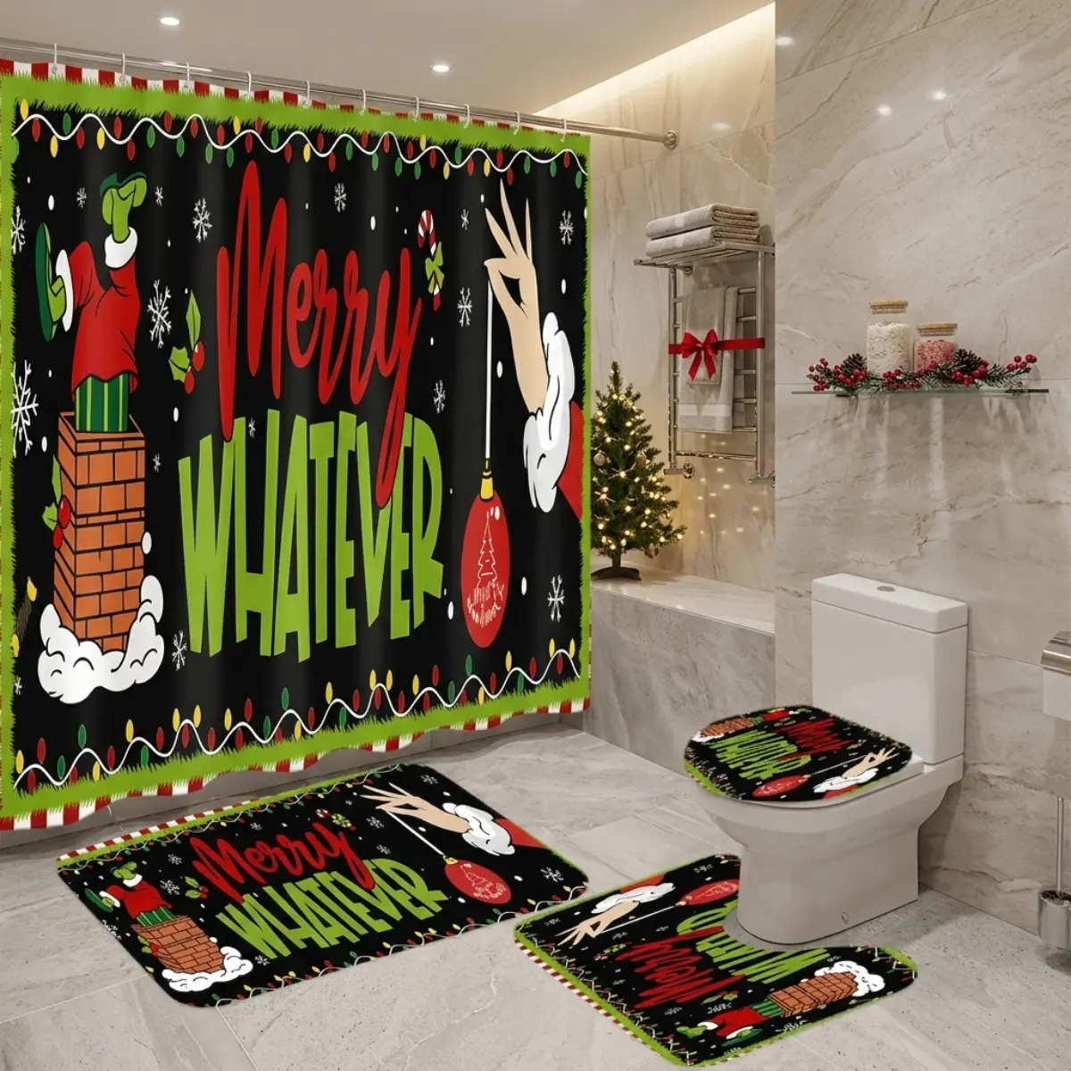 4pcs Merry Whatever Christmas Shower Curtain Set, Grinch Inspired Holiday Bathroom Decor, Festive Funny Xmas Toilet Lid Cover, Rug & Bath Mat, TikTok Shop Trendy Seasonal Bathroom Set