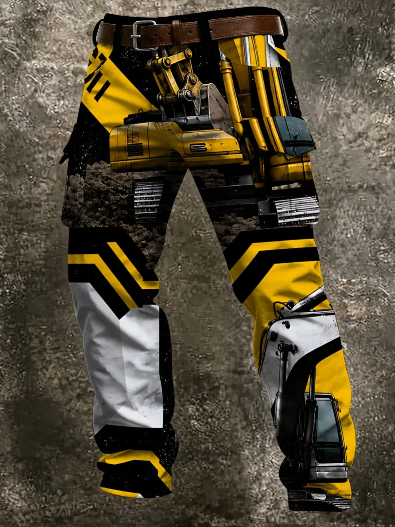 Engineering Style Work Pants, Slim Fit, High-Definition Excavator Print, Warning Stripes, Vintage Dirt Texture, Dual Layer Side Pockets