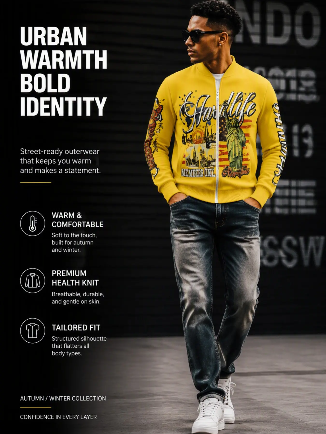 Men's Statue of Liberty Full Zip Bomber Jacket, Retro Letter Baseball Collar Windproof Jacket, Streetwear Fall Winter Coat