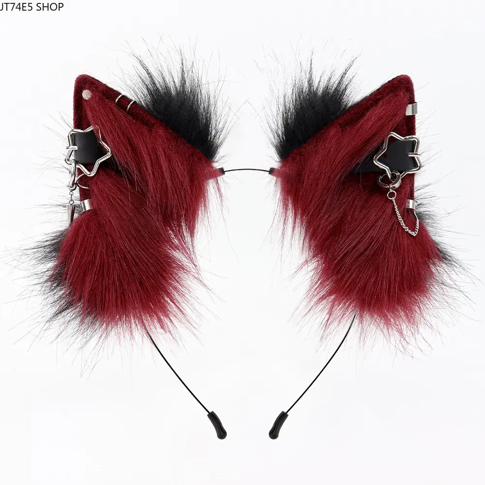 Plush Cat Ear Headband with Punk Metal Decor, Handmade Elastic Hair Accessory for Unisex Cosplay Events and Parties, Elastic Bands, Plush Fabric, Punk Look
