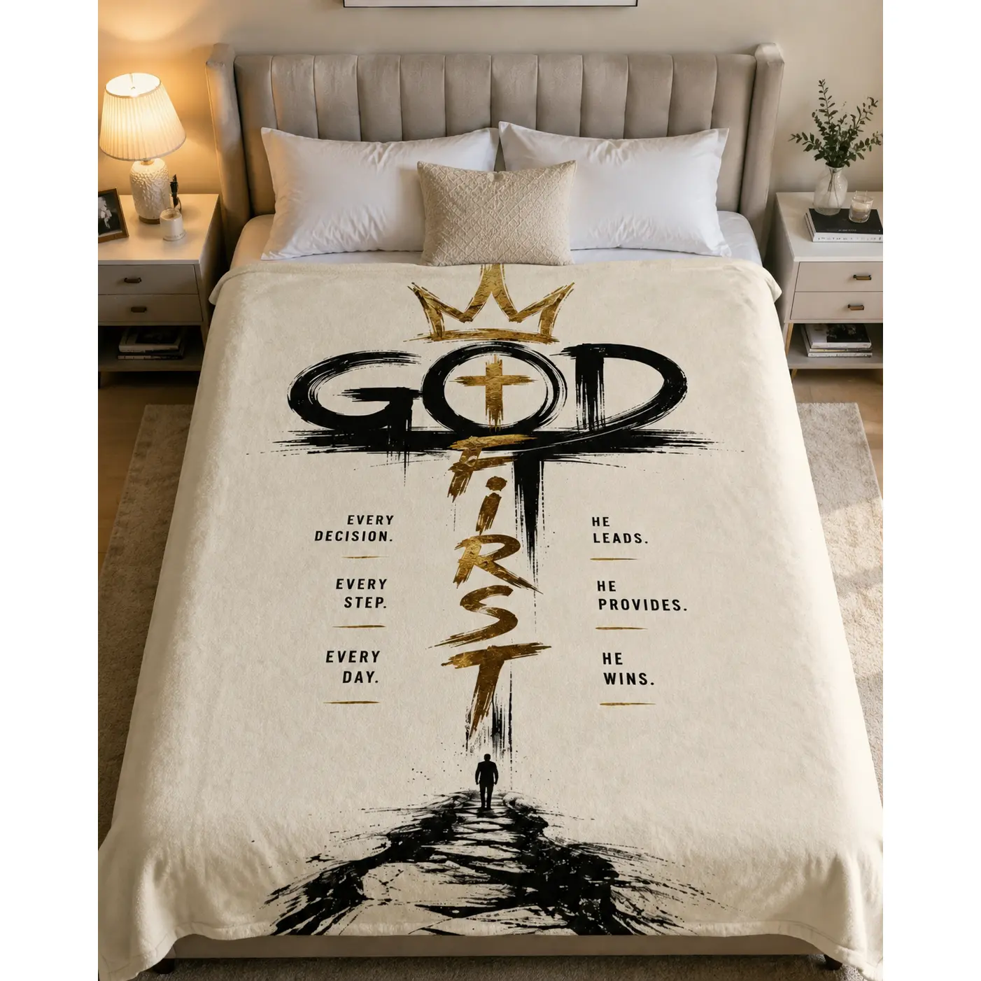 God First Christian Cross Crown Flannel Throw Blanket, Inspirational Faith Quote Print Soft Warm All Season Blanket for Bedroom Sofa Office, Religious Faith Gift for Easter Christmas Father’s Day Mother’s Day Birthday