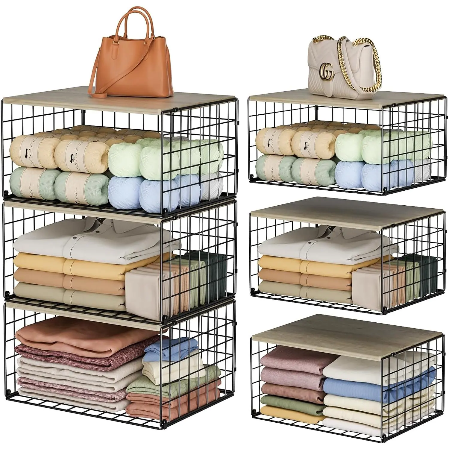Extra-Long, Low-Profile Closet Organizers and Storage with  Top, 3 Pack Stackable Closet Shelf Organizer, Space-Saving Clothes Storage Bin for Wardrobe & Bedroom & Small Spaces, Sturdy Metal Black