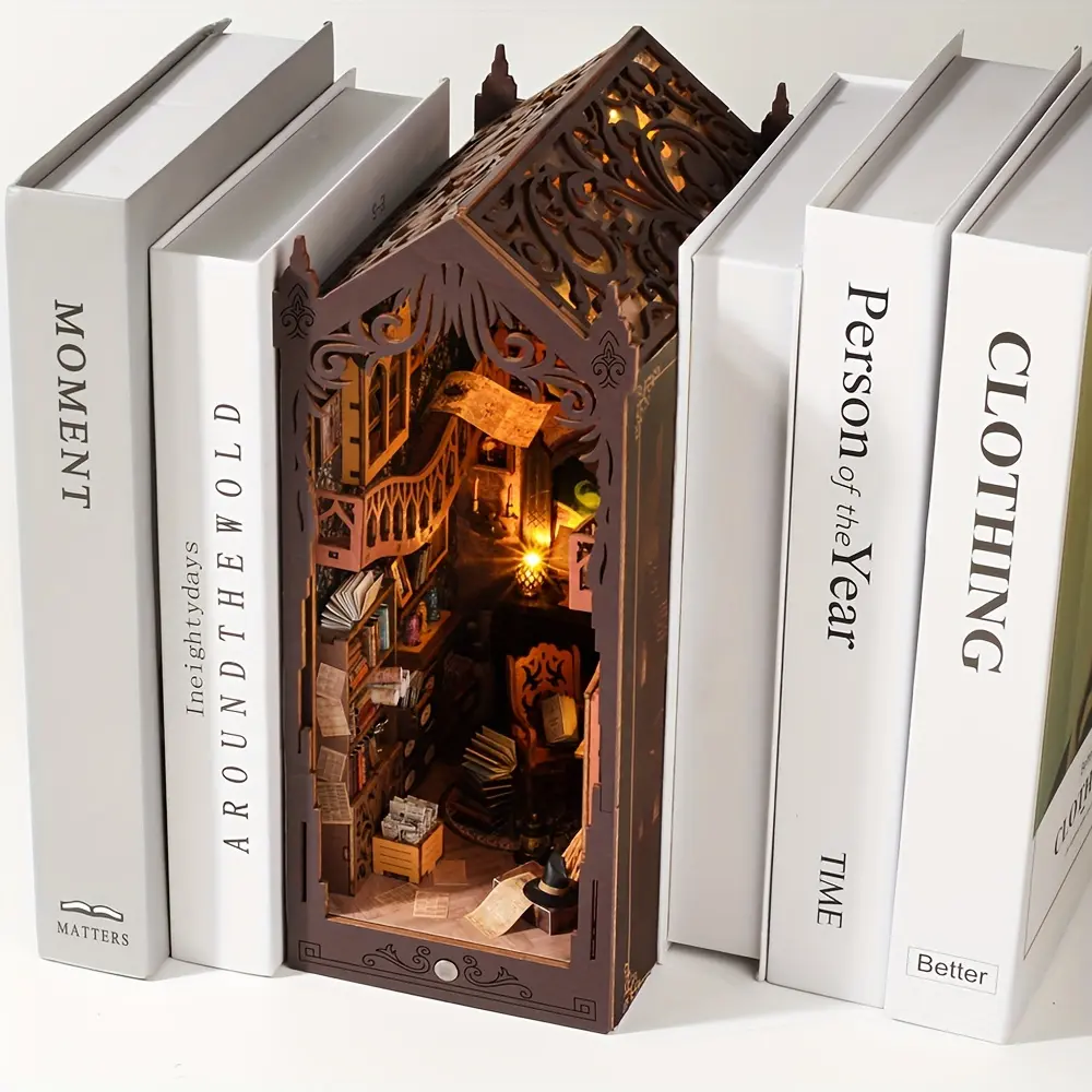 Magic Library 3D Book Nook Kit, Wooden Bookshelf Insert with Sensor Light, Handicraft Crafts