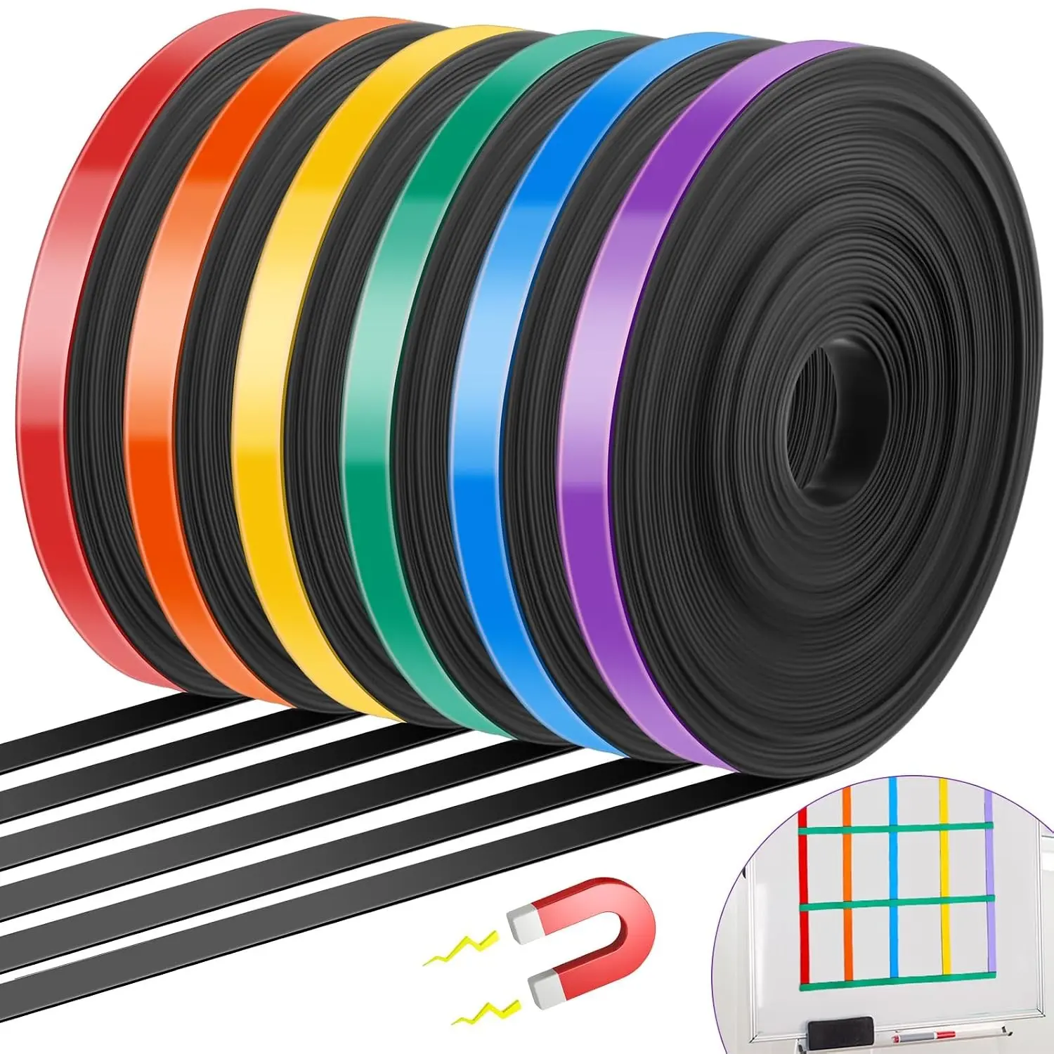 6 Rolls Mix Color Magnetic Tape Thin Strips, 2/5 Inch x 33 ft Decorative Marking Tape for Magnetic Whiteboard, Magnet Board Dividers for Classroom Office Art Accessories