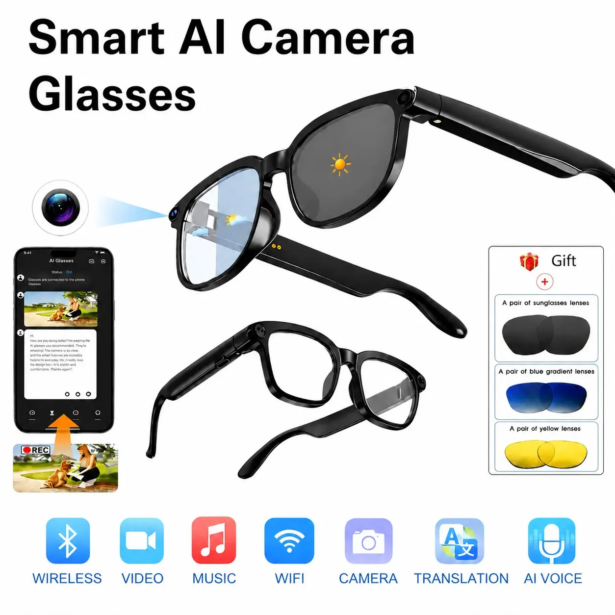 Photography AI intelligent Bluetooth glasses, with three/two pairs of replacement lenses as a gift, capable of recording photos and videos, UV protection, blue light filtering, enhanced lighting, and real-time language translation