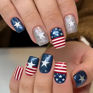 24Pcs 4th Of July Nails Press On Nails For Women Girls Short Square Red White Blue Stars Stripes American Flag Glitter Fake Nails Patriotic Holiday Party