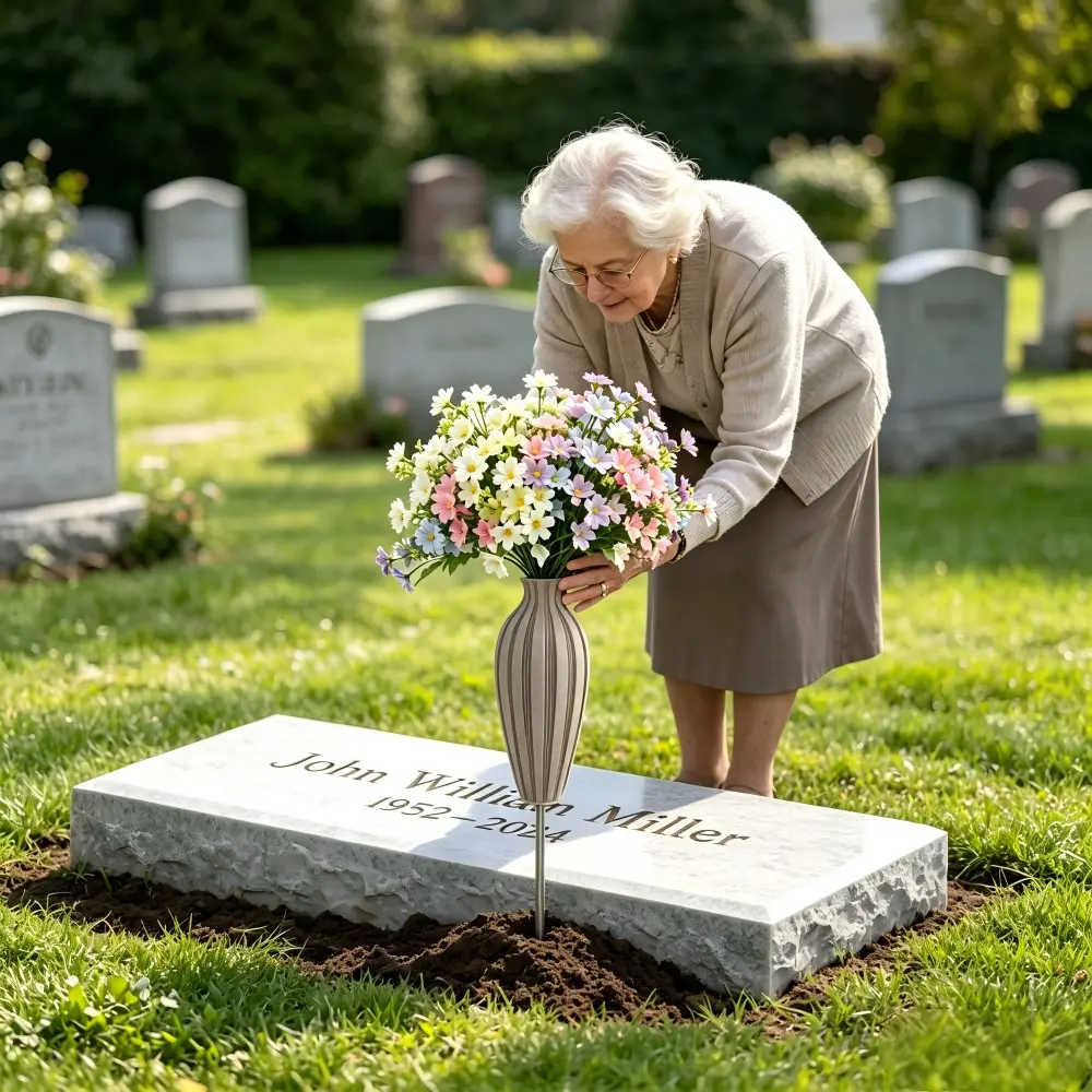 Resin Sandstone Memorial Vase with Metal Stake, Cemetery Vase, Outdoor Waterproof Grave Marker Flower Stand, Lawn Cross Stone Decoration Ornament