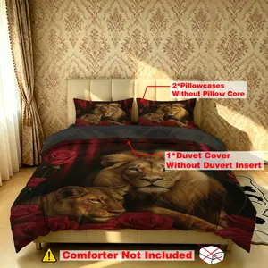 The 3-piece Double Lion and Red Rose bedding set includes one duvet cover and two pillowcases, without fillings. It is soft and comfortable, suitable for single beds and double beds, and ideal for use in bedrooms, dormitories, and hotels.