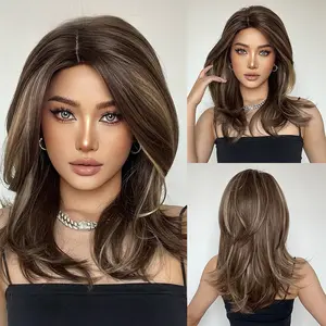 Synthetic Full Machine Wig, Natural Fluffy Gradient, Off-Center French Bangs, Loose Wave Medium Length, Heat Resistant