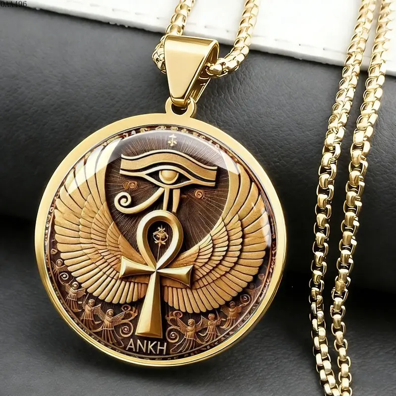 Men's Eye of Horus Pendant Necklace Stainless Steel Round Medallion Ancient Egyptian Winged Symbol Design Rust Resistant Vintage for Daily Wear Festivals Gift Giving