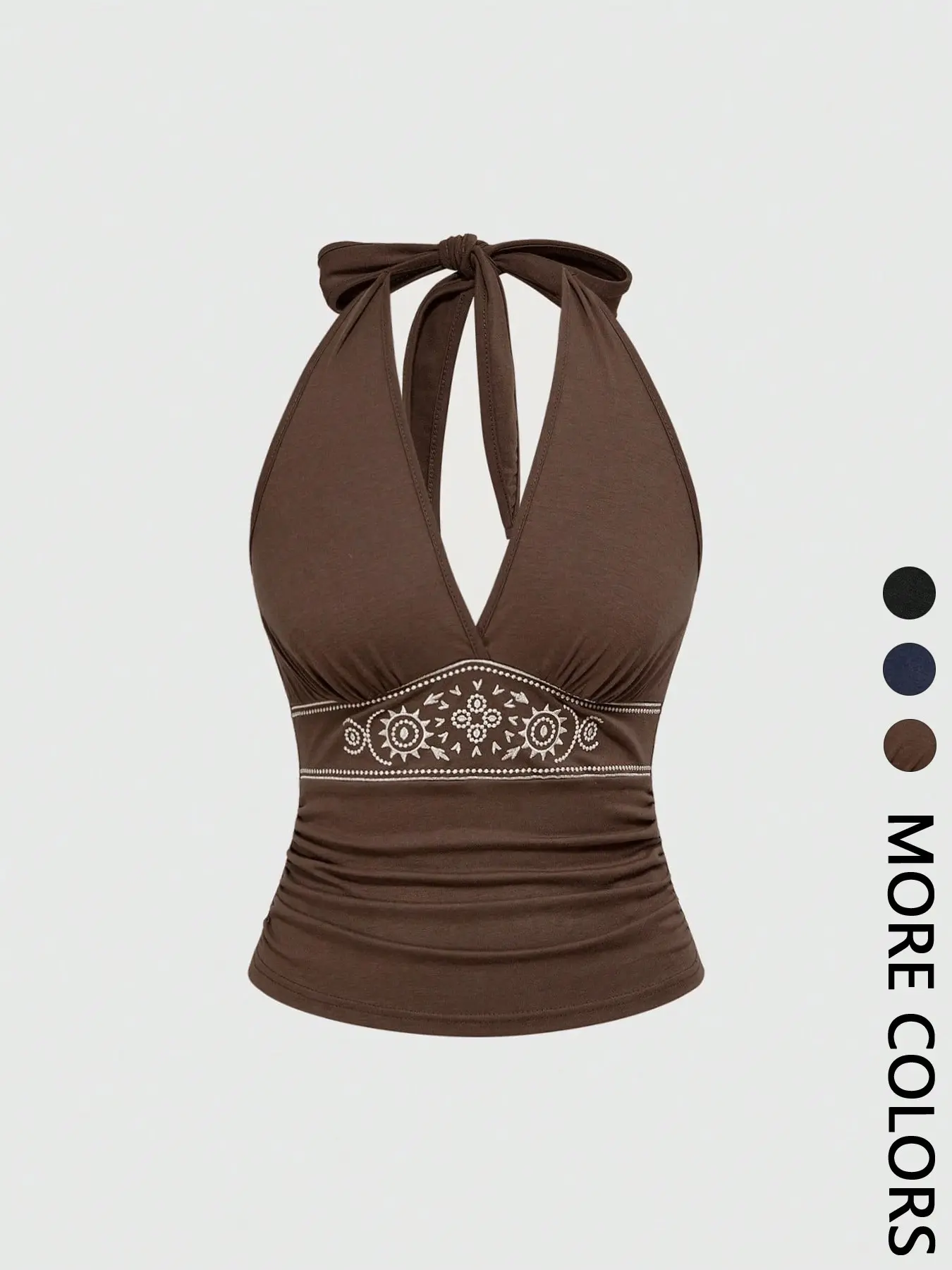 Vintage Coffee Color Embroidered Halter Top, Butterfly Knot Low Neck Design, Hippie Style Summer Vacation Casual Boho Sleeveless Shirt, Boho Fashion Casual