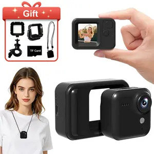 Portable Mini Action Camera with Memory Card Included, Magnetic Neck Strap, One-Click Photo & Video Recording, Loop Recording, Time-Lapse, Bike Handlebar Mount, Hat Clip, 2 Detachable Protective Cases