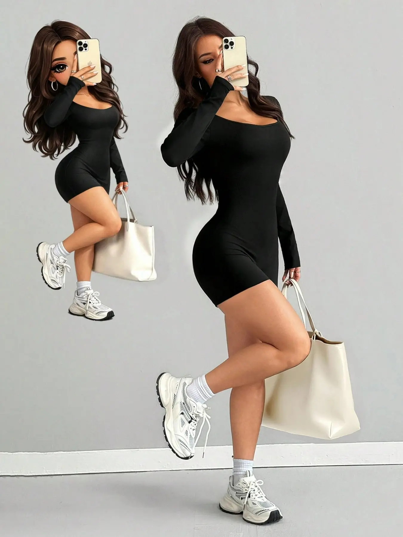 Women U Neck Long Sleeve Bodycon Romper, Solid High Stretch Short One Piece Jumpsuit, Slim Short Design Showing Long Legs, Soft Elastic Fabric. Suitable for daily shopping, streetwear and casual sports, sexy black short jumpsuit for hot girls.