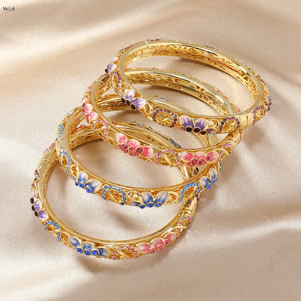 Women's Gold Alloy Enamel Floral Open Cuff Single Bangle - 60mm Inner Diameter, 8mm Width, 25.6g Weight, Purple-Pink-Blue Multicolor, Statement Pieces, Everyday Wear, Elegant Costume Jewelry Gift for Women Girls