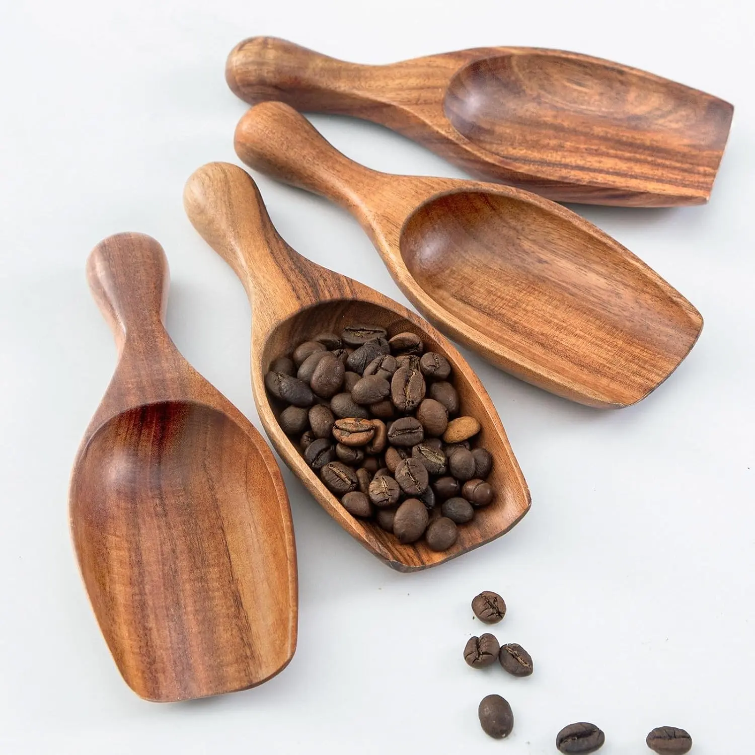 Big Wooden Scoop Shovel, 4PCS Large Coffee Scoops for Ground coffee, Acacia Wood Bean Salt Spoons, Wooden Scoops for Jars Canisters, Kitchen Scoops for Flour Laundry Scoop Multi-purpose