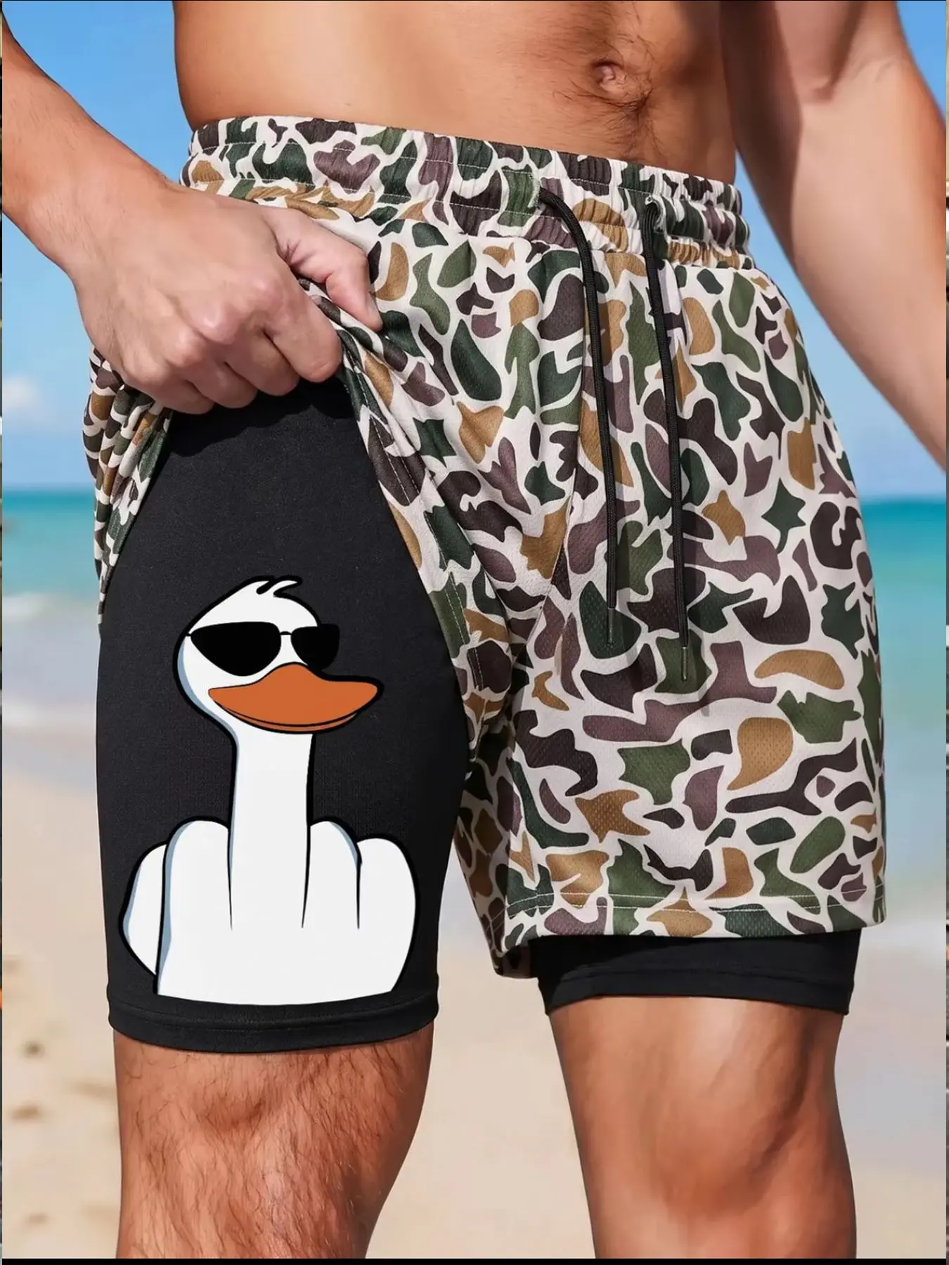 Men's Summer Multifunctional Beach Shorts, Dual-Layer Design, Cartoon Print, Quick-Dry, Drawstring Waist, Ideal for Swimming, Running, Leisure