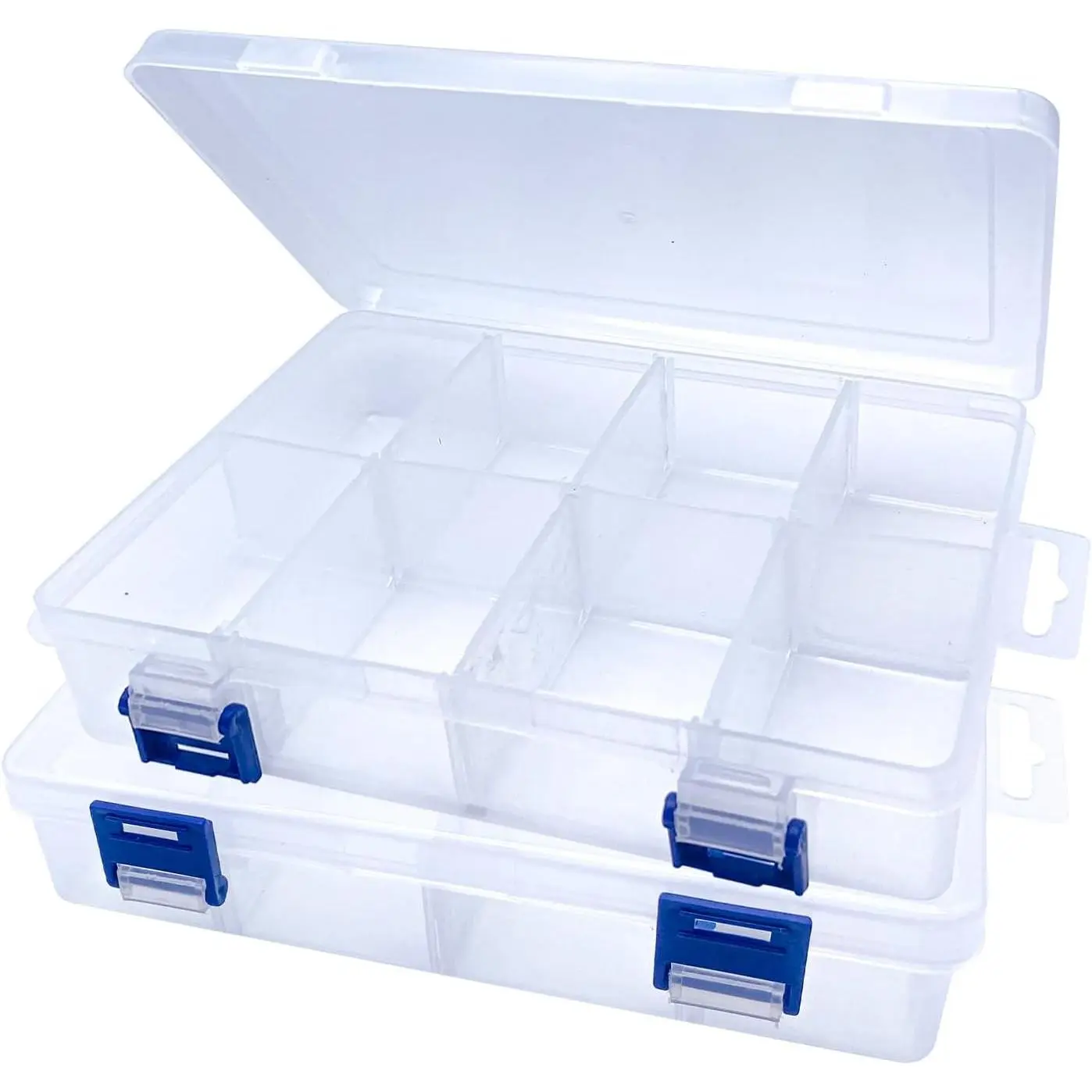 2 count 8 Grids Clear Plastic Storage Box with Adjustable Dividers, Stackable 8 Compartments Small Organiser Box Container for Accessories Beads  Earring Tool, 7.48×5.23×1.8 Inches