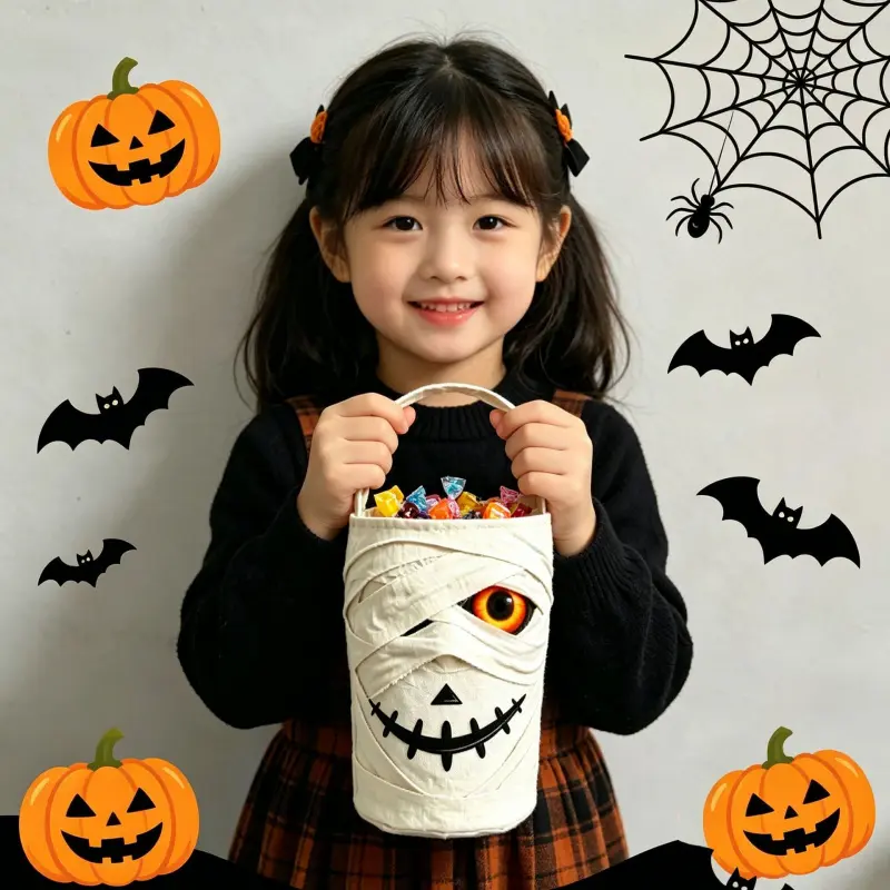 Halloween Bucket for Kids, Mummy Bucket Basket with Handle, Trick or Treat Candy Buckets, Orange Halloween Decorations Party Favors-Mummy Bucket Bucket