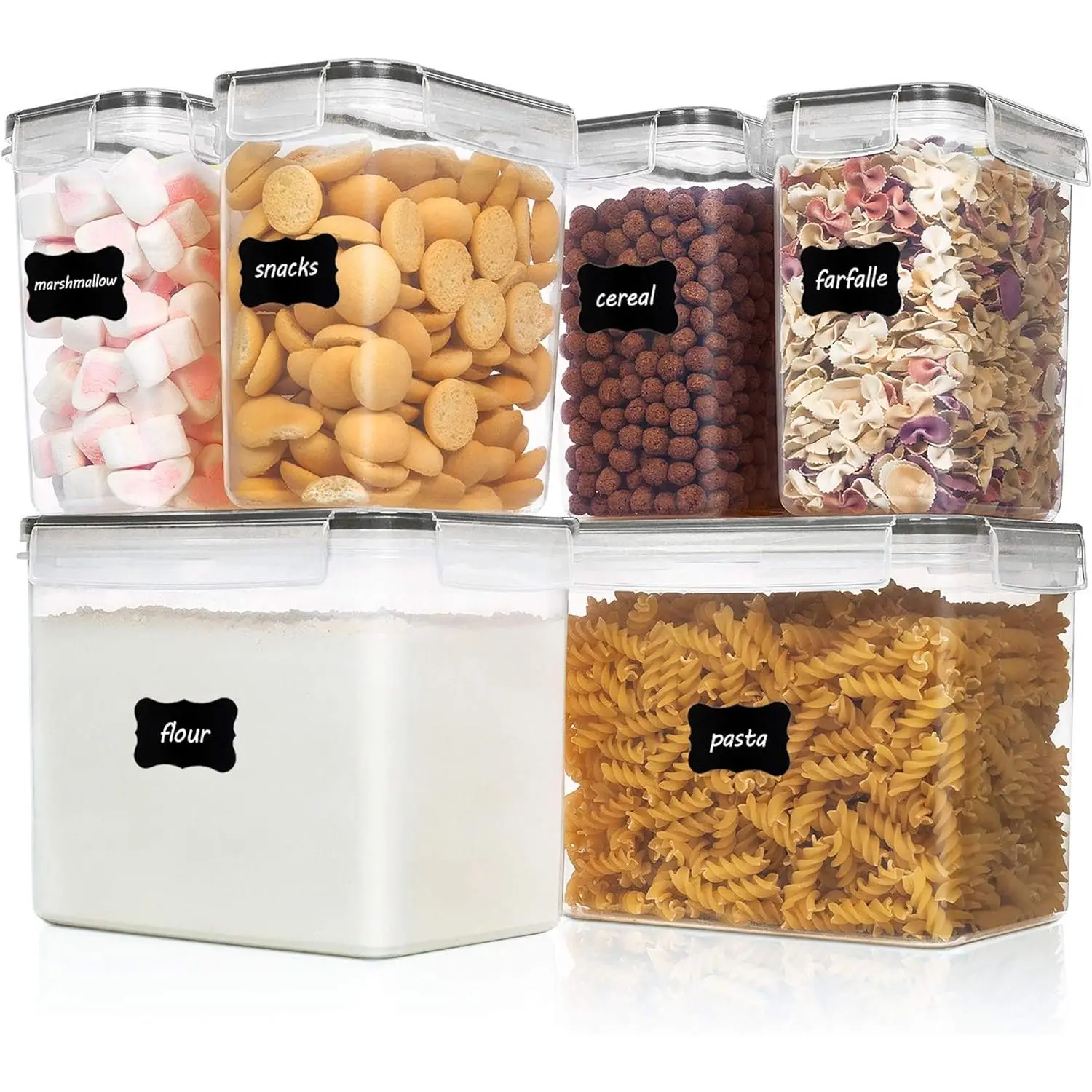 Airtight Food Storage Containers 6 Pieces - Plastic BPA Free Kitchen Pantry Storage Containers for Sugar,Flour and Baking Supplies - Dishwasher Safe - Include 24 Labels, Black